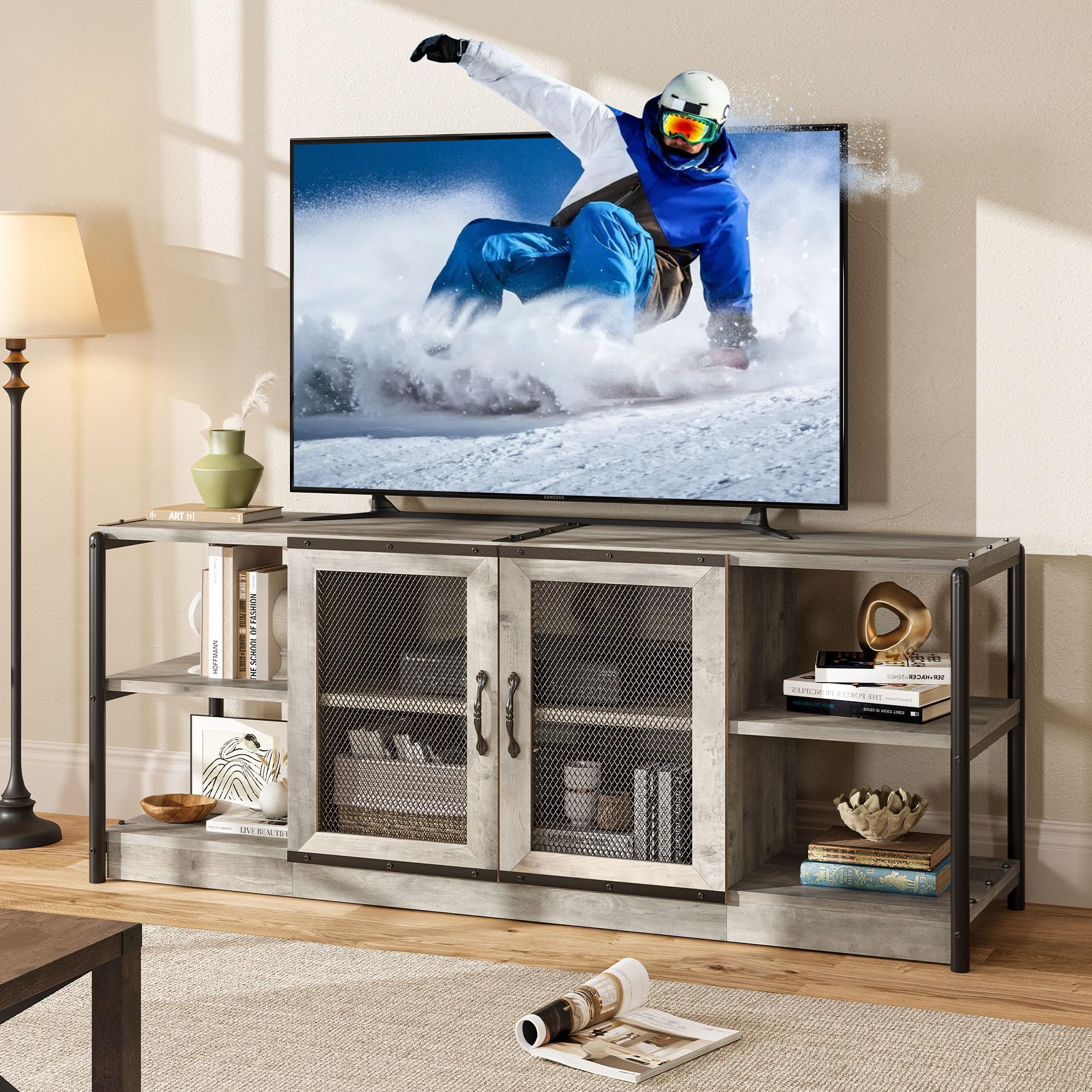 CABIHOME Farmhouse TV Stand for 65/75 Inch TVs, Entertainment Center with Storage Cabinet and Mesh Doors, Industrial Media Console Table, Furniture for Living Room, Grey