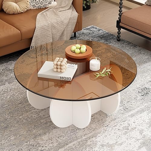 Miniatura 3 de Mesa de café de vidrio, diseño moderno de mediados de siglo, mesas de café redondas modernas de vidrio templado de 31.5'' para sala de estar, mesa