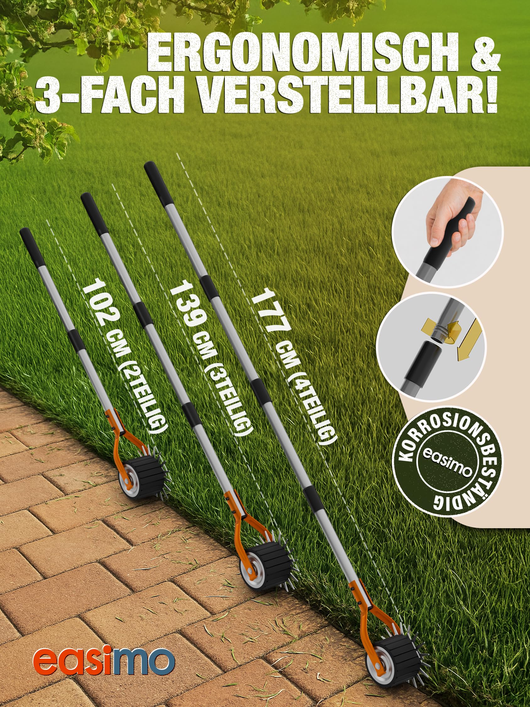 Rasenkantenschneider Manuell | Präziser Rasenkanten Schneider mit Stahlklinge & Gummirad | Verstellbarer Stiel bis 177 cm | Rasenkantenstecher für Garten