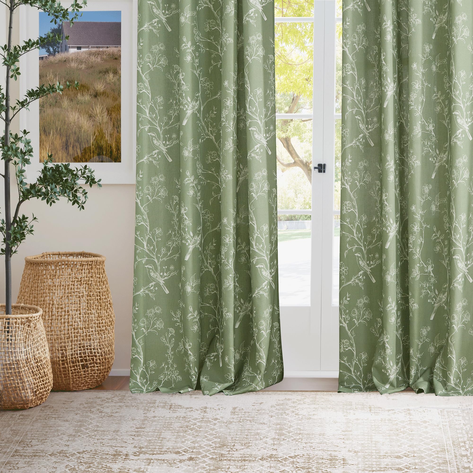 PONY DANCE Cortinas Dormitorio Tranlucidas de Lino, Curtains for Living Room Semi Opacas con Motivos de Pájaros y Flores con Ojales 2 Piezas,140x245cm,Verde Global Recycled Standard OEKO-TEX STANDARD 100 Global Recycled Standard Global Recycled Standard