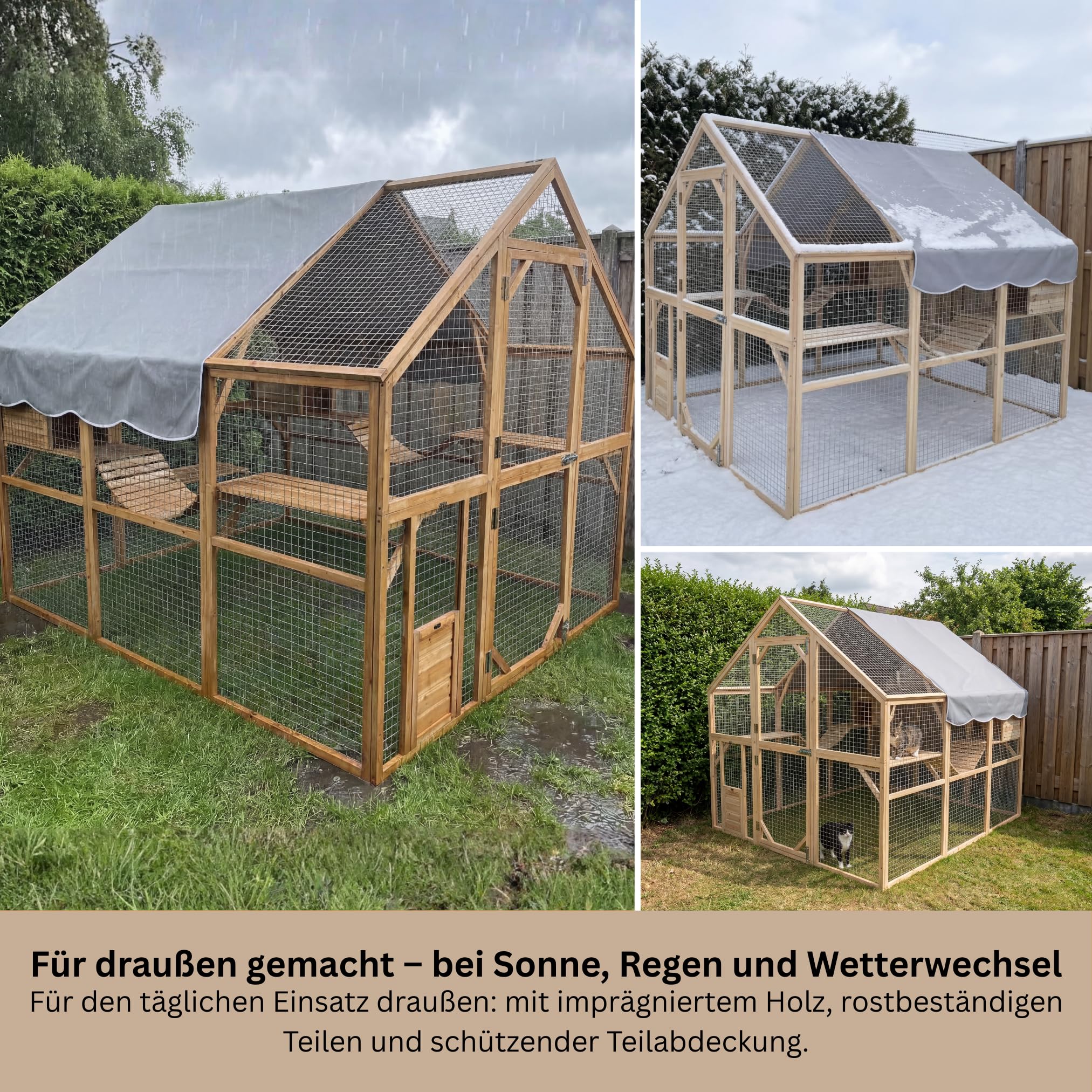 Katzengehege Outdoor XXL – Katzenauslauf und Freilaufgehege für Garten | Massives Holz, 2 mm verzinktes Stahlgitter, begehbar durch große Tür, wetterfest, inkl. Schutzhäuschen, auch für Terrasse
