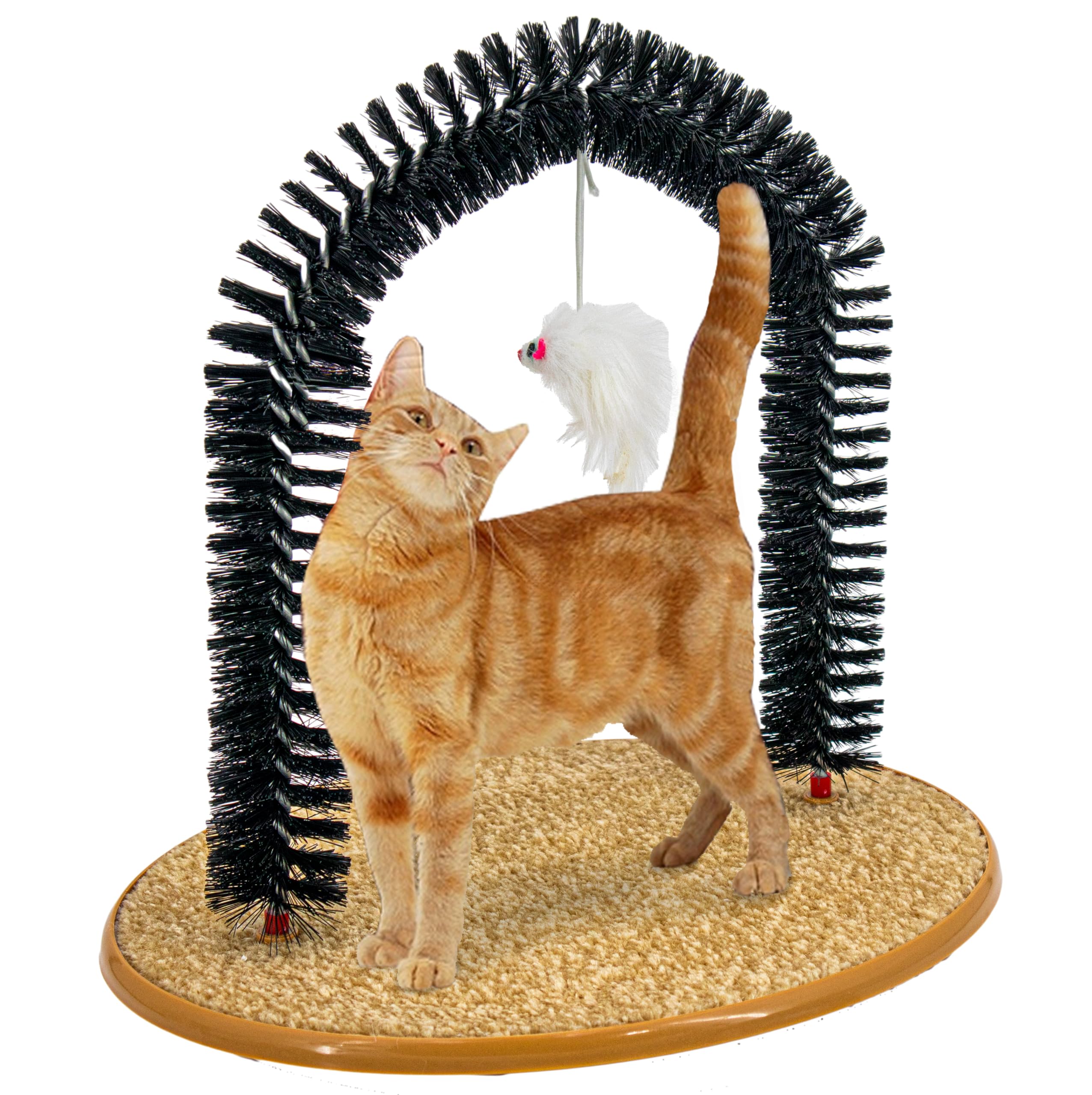 Perfect Cat Self Grooming Arch Toy & Post with Cat Mouse Toy, Bristles, Scratch Pad and Catnip - for Scratching, Brushing, and Massaging - Prevents Furniture Damage (Cat Arch w/Mouse)