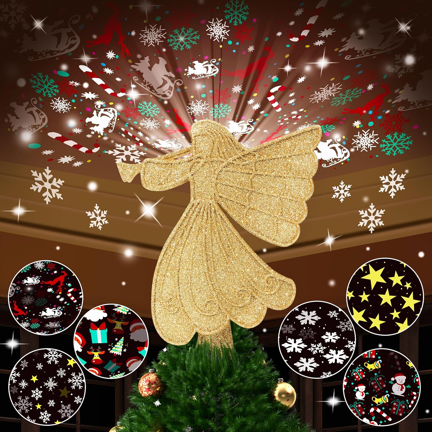 Christmas Tree Topper Lighted with 6 Projection Modes, Gold Christmas Angel Tree Topper Built-in LED Rotating Light, 3D Glitter Projector for Party Holiday Christmas Decoration Gifts