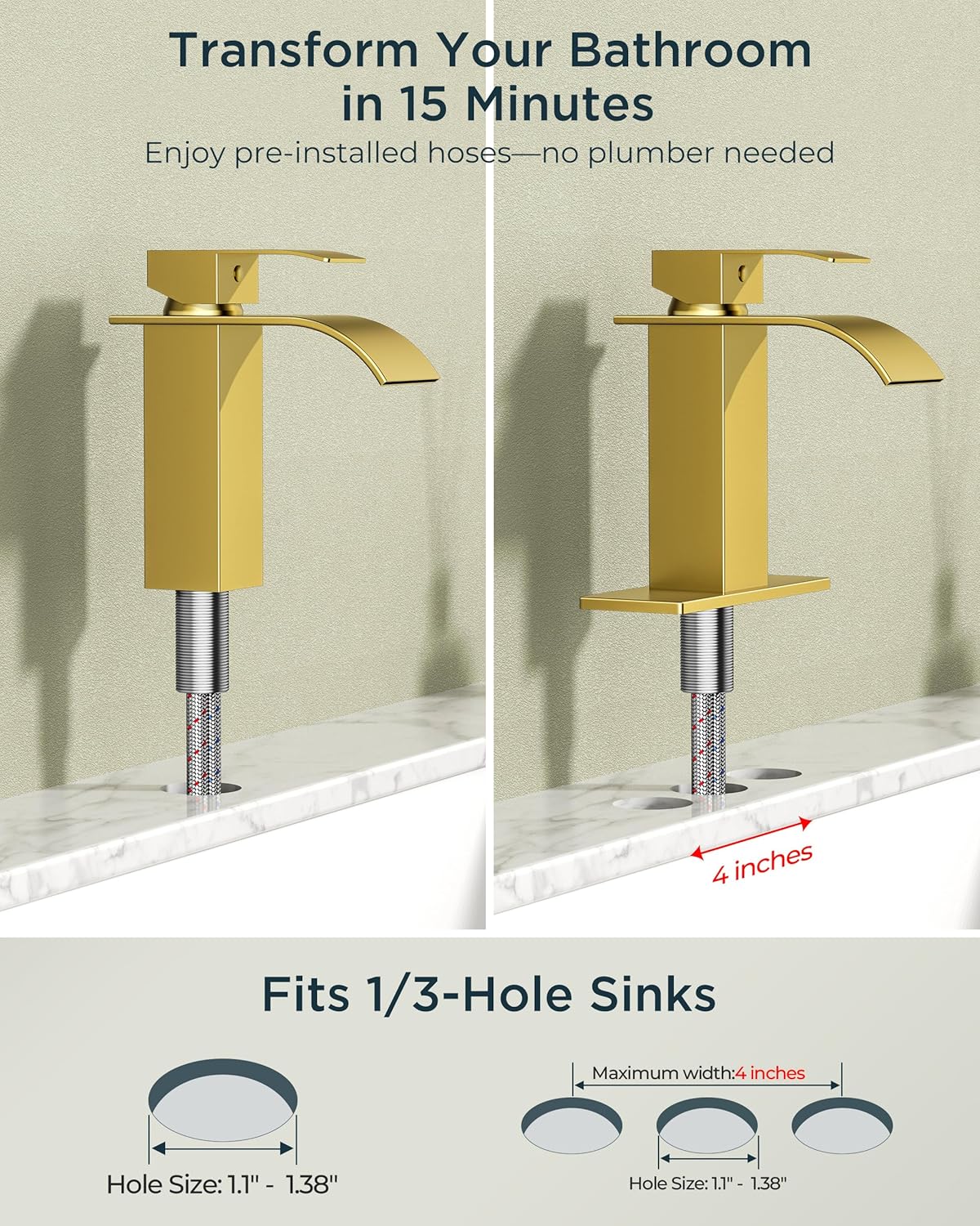 FORIOUS Brushed Gold Waterfall Bathroom Faucets 1 or 3 Hole, Vanity Single Bathroom Sink Faucet with cUPC Supply Line and Pop Up Drain, Suitable for Basin, Rv, Restroom Sink