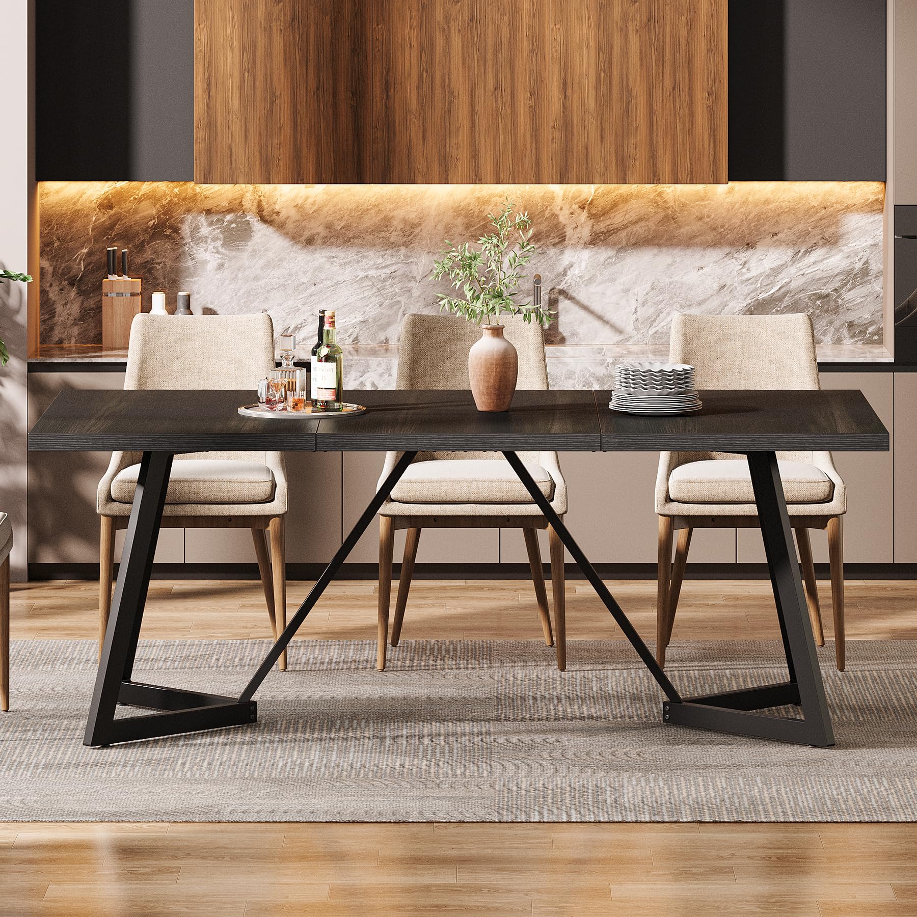 Tribesigns Grande tavolo da pranzo da 180 cm per 6-8 persone, tavolo da pranzo moderno con struttura in metallo, tavolo da cucina rettangolare per la sala da pranzo per la casa (nero)