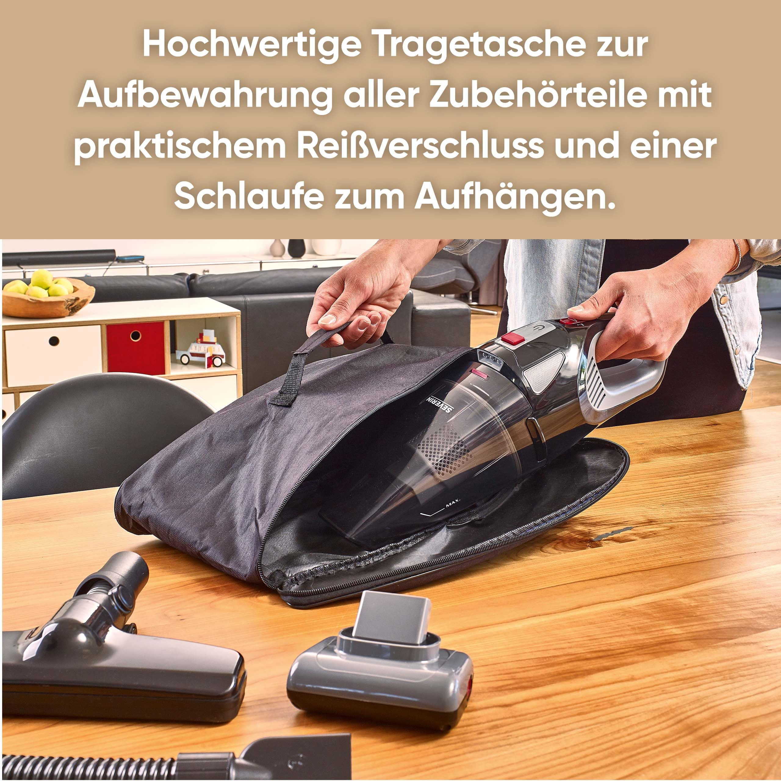 SEVERIN Akku Handstaubsauger kabellos, 18,5 V, 50 Min Laufzeit, Nass- und Trockensauger mit LED-Akku, rotierender Turbobürste und Tragetasche, für Auto, Camping und Tierhaare, HV 7147