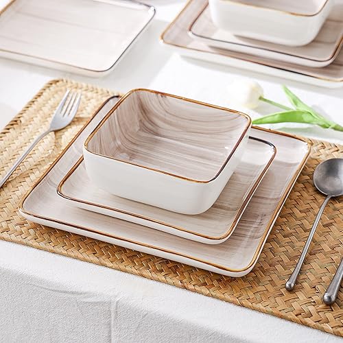 Miniatura 6 de Stone + Lain Esmeralda - Juego de vajilla de porcelana para 8, 32 piezas, diseño cuadrado marrón cepillado