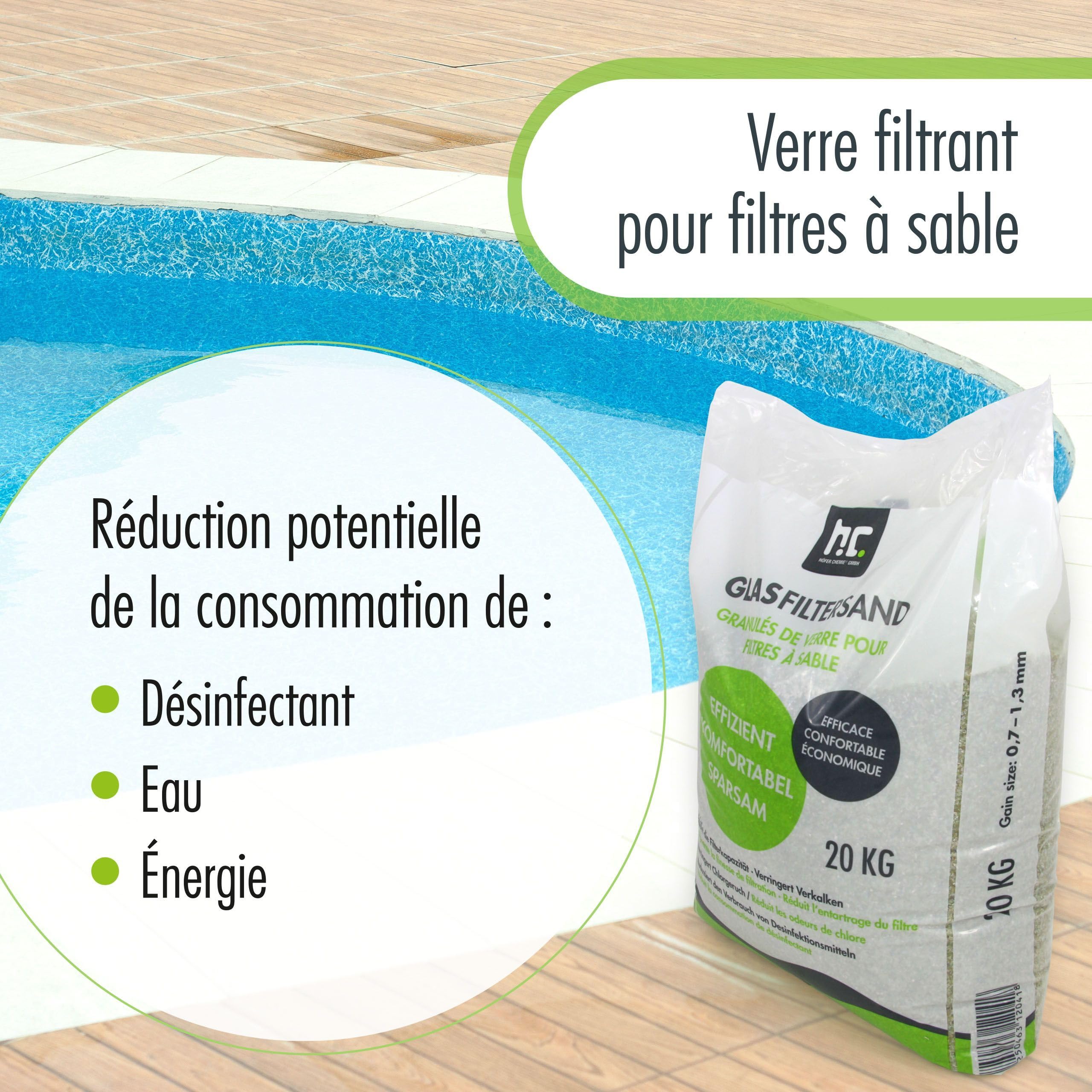 Höfer Chemie – 20 kg de Granulés de Verre Fin pour Filtre à Sable – Granulométrie 0,7-1,3 mm – Alternative Écologique au Sable de Quartz – Filtration Optimisée et Longue Durée