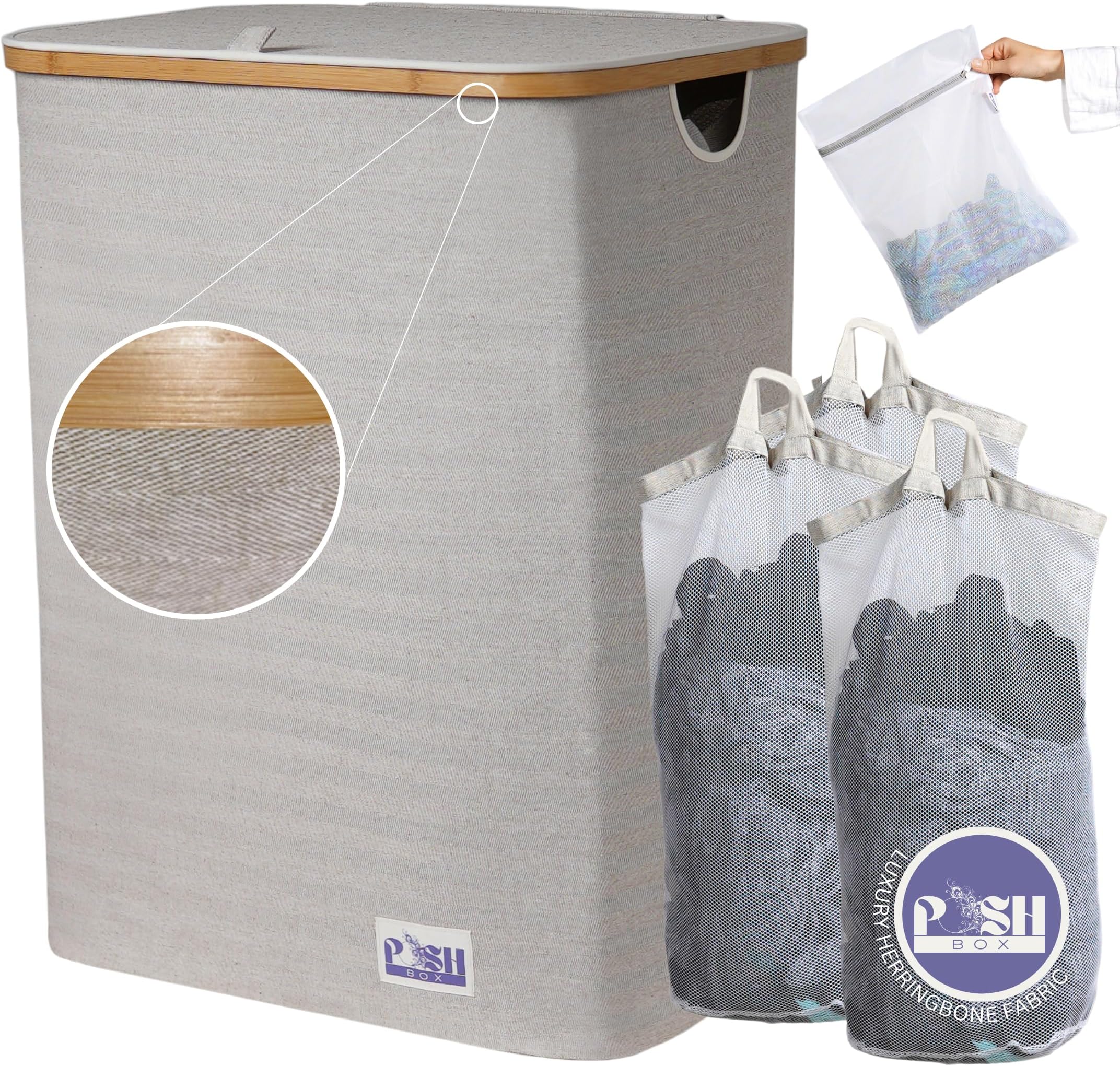 Luxury Herringbone XL 150L Large Triple Laundry Basket With Lid- FREE Wash Bag, 3 Section Laundry Basket With Removable Bags- Storage Basket/Linen Basket-Beige/Grey/Cotton Mix