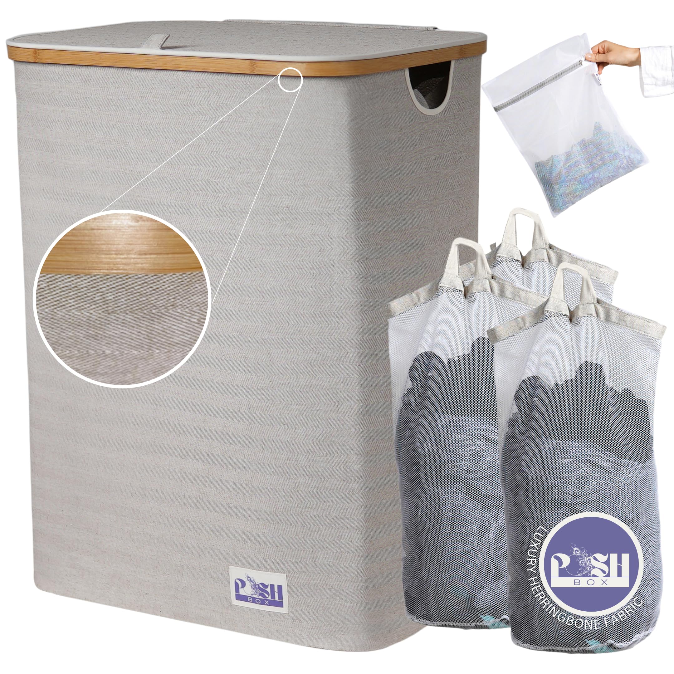 Posh Box® Luxury Herringbone XL 150L Large Triple Laundry Basket With Lid- FREE Wash Bag, 3 Section Laundry Basket With Removable Bags- Storage Basket/Linen Basket-Beige/Grey/Cotton Mix