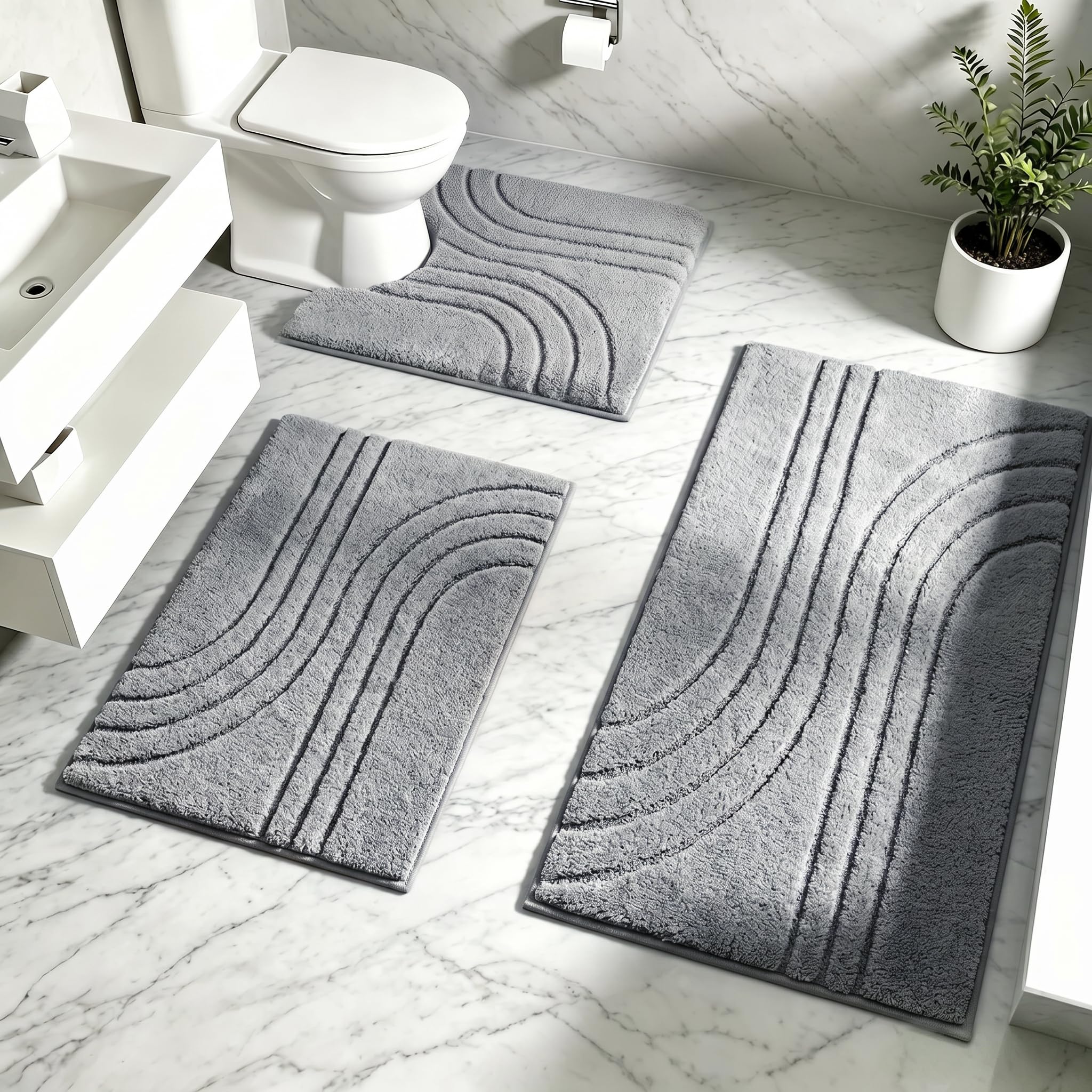 3-teiliges Badezimmerteppich Set wasserabsorbierend Grau | Mikrofaser Badematte rutschfest waschbar Weiche Badteppiche Badvorleger Set U-Form Toilettenmatte für Dusche & WC Badewanne