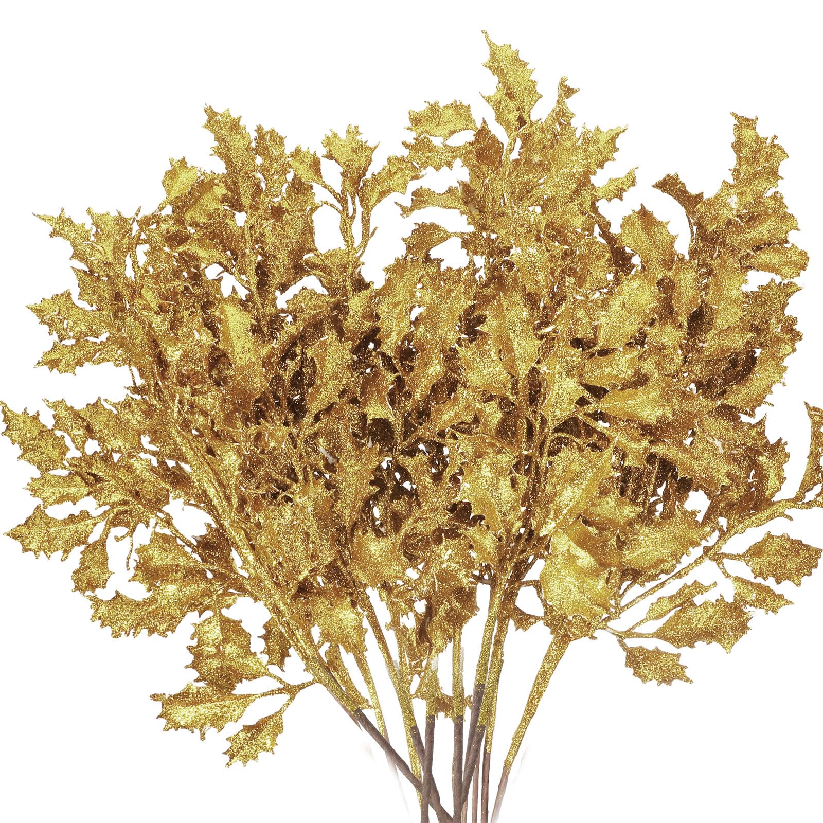 Wavyknot 12 Pcs 23 Inch Large Christmas Glitter Leaves Artificial Holly Leaf Pick Bling Christmas Stem Xmas Tree Stick Leaf Spray Branch for Craft DIY Garland Wreath Holiday Decor, No Vase(Gold)
