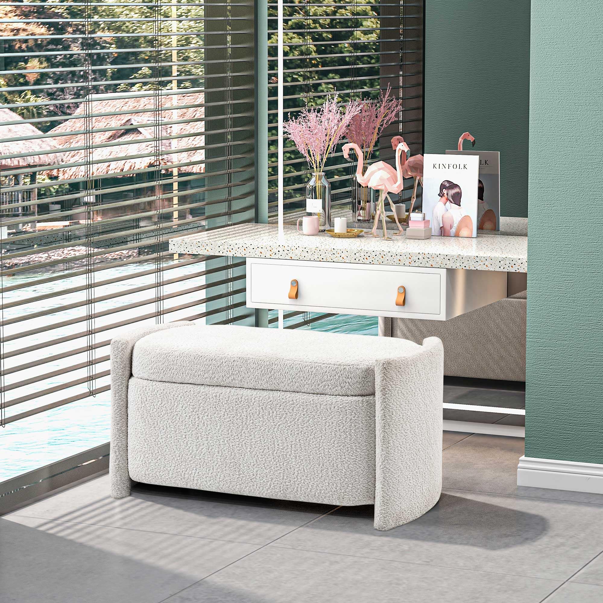 HOMCOM Sitzbank Bettbank mit Stauraum mit Deckel Creme 105 x 44 x 45,5 cm | Polsterbank, Teddy-Samtoptik, Sitztruhe, Truhenbank für Wohnzimmer, Schlafzimmer