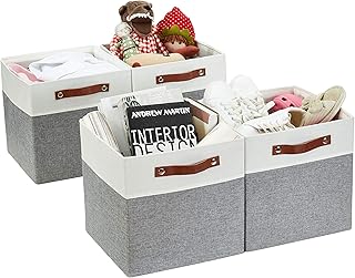 DECOMOMO Lot de 4 paniers de rangement pliables en tissu cationique robuste avec poignées pour étagère de chambre d'enfant Gris et blanc 28 x 28 x 28 cm