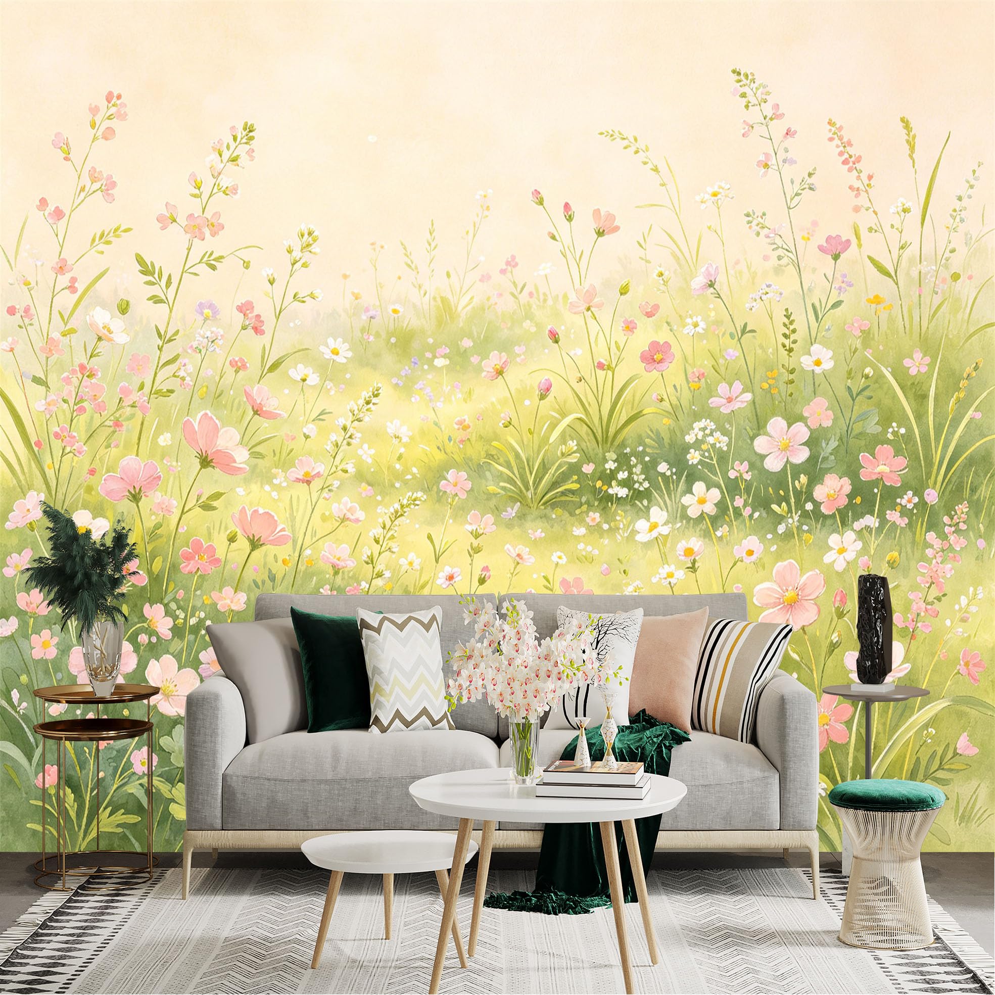 Lnzczhyre Dbh260521084 Custom Size Wall Sticker Mural， Watercolor Wildflower Meadow， Soft Pastel Floral Scenery， Spring Garden Atmosphere， For Wall Decoration， Peelandstick Wall Decals.