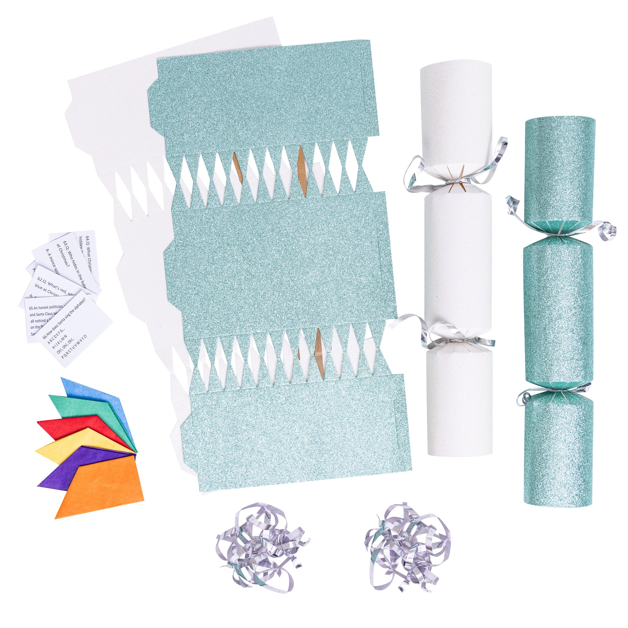 evelay 12 Make Your Own Christmas Cracker Kit DIY Light Green & White Glitter Crackers Hats Snaps Jokes (Light Green, White)