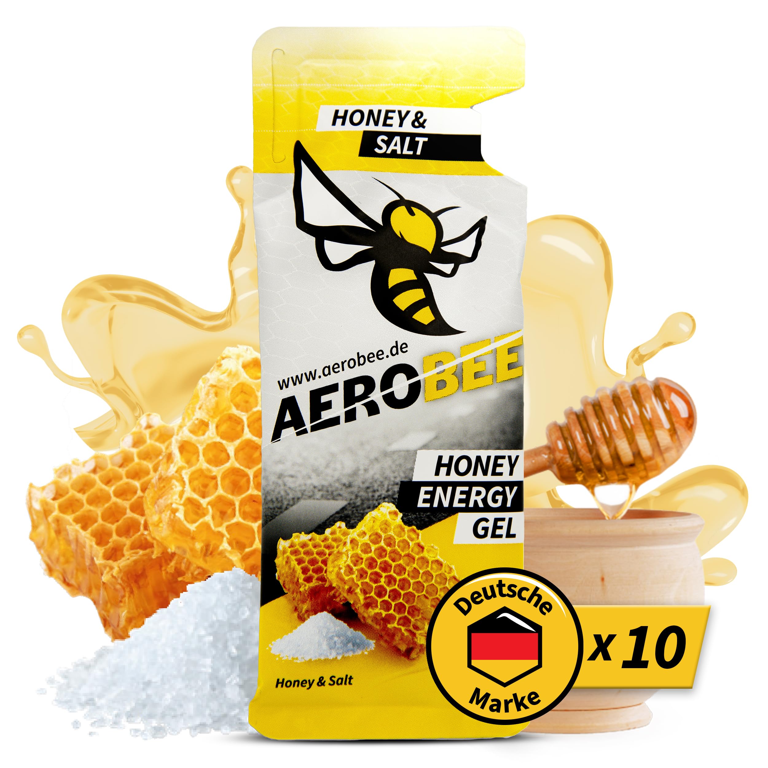AEROBEE Energy Gel Classic – Honey & Salt 10x26g – [100% Natürliche Energie aus Honig] richtig leckeres Sportgel für den Ausdauersport, Energy Gel Laufen, Power Sport, Sportnahrung