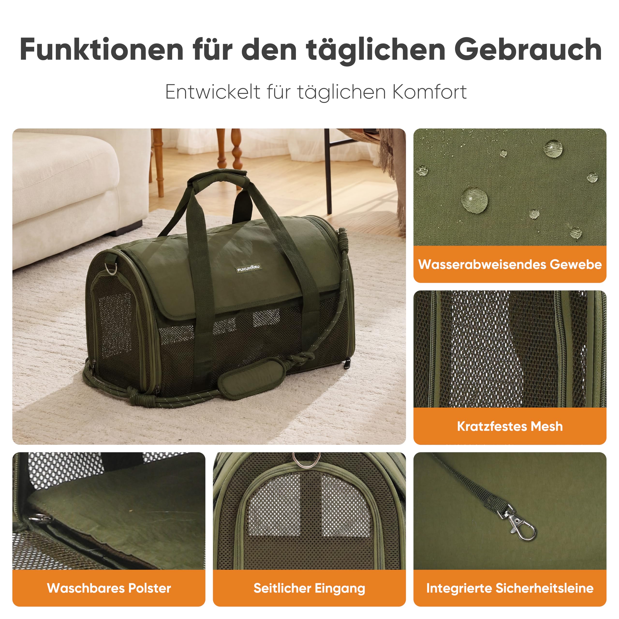 FUKUMARU Transportbox für Katzen und kleine Hunde, leicht und atmungsaktiv, 46 x 28 x 28 cm, für den Transport in der Flugzeugkabine zugelassen, weich und zusammenklappbar, kratzfestes Netz, Grün