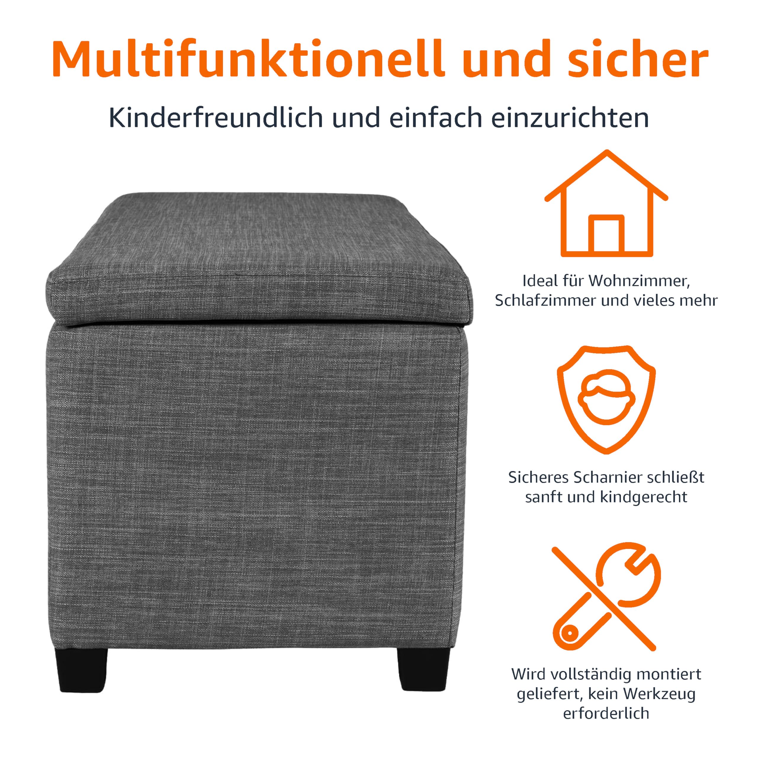 Amazon Basics Bank für den Eingangsbereich, rechteckig, gepolstert, mit Stauraum, Schlafzimmer, Flur, Polsterhocker, Leinenoptik, Dunkelgrau, 42 x 91 x 43 cm