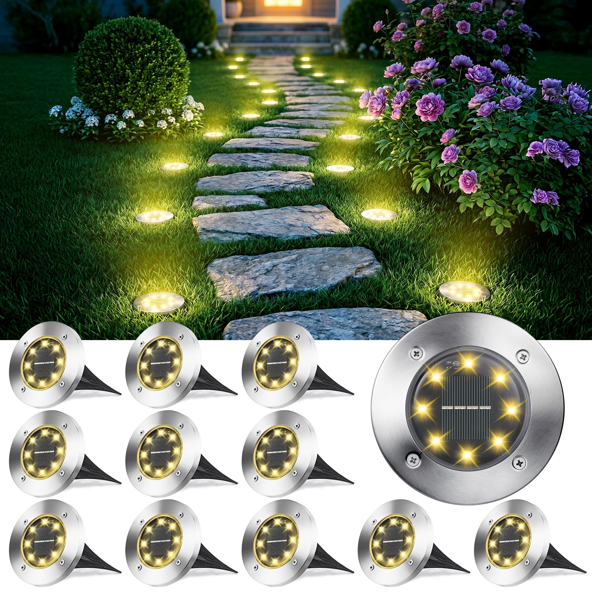 Joomer Warm White Solar Lights Outdoor Garden, 600Mah Solar Ground Lights 8 Led Solar Disk Lights Waterproof For Pathway Yard Walkway Patio Lawn Path(12 Pack, )