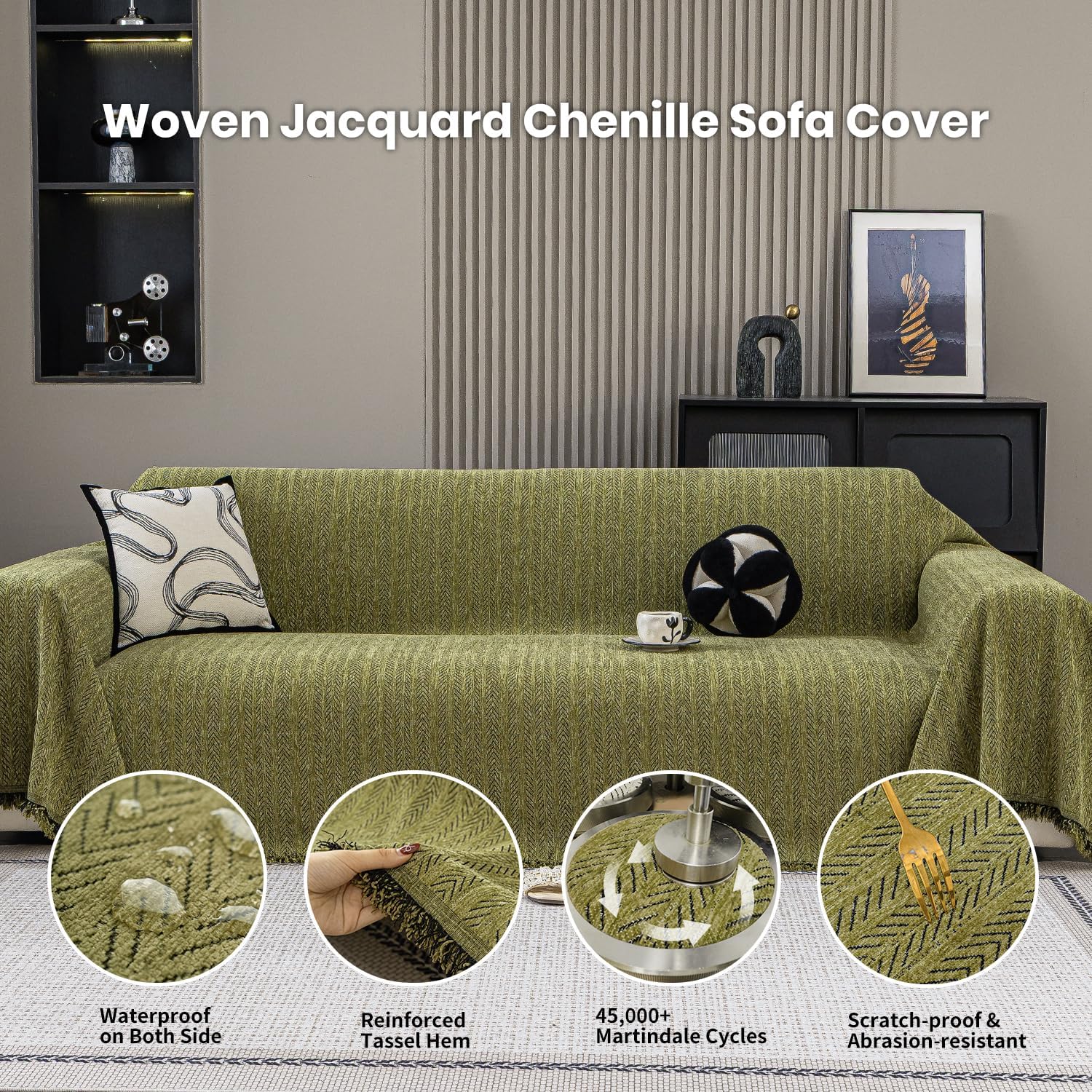 Weicher Chenille-Couchbezug, waschbar, dicke Sofa-Schonbezüge mit Quasten, Sektionsmöbelschutz, Kaffee-Weiß, 180 x 460 cm