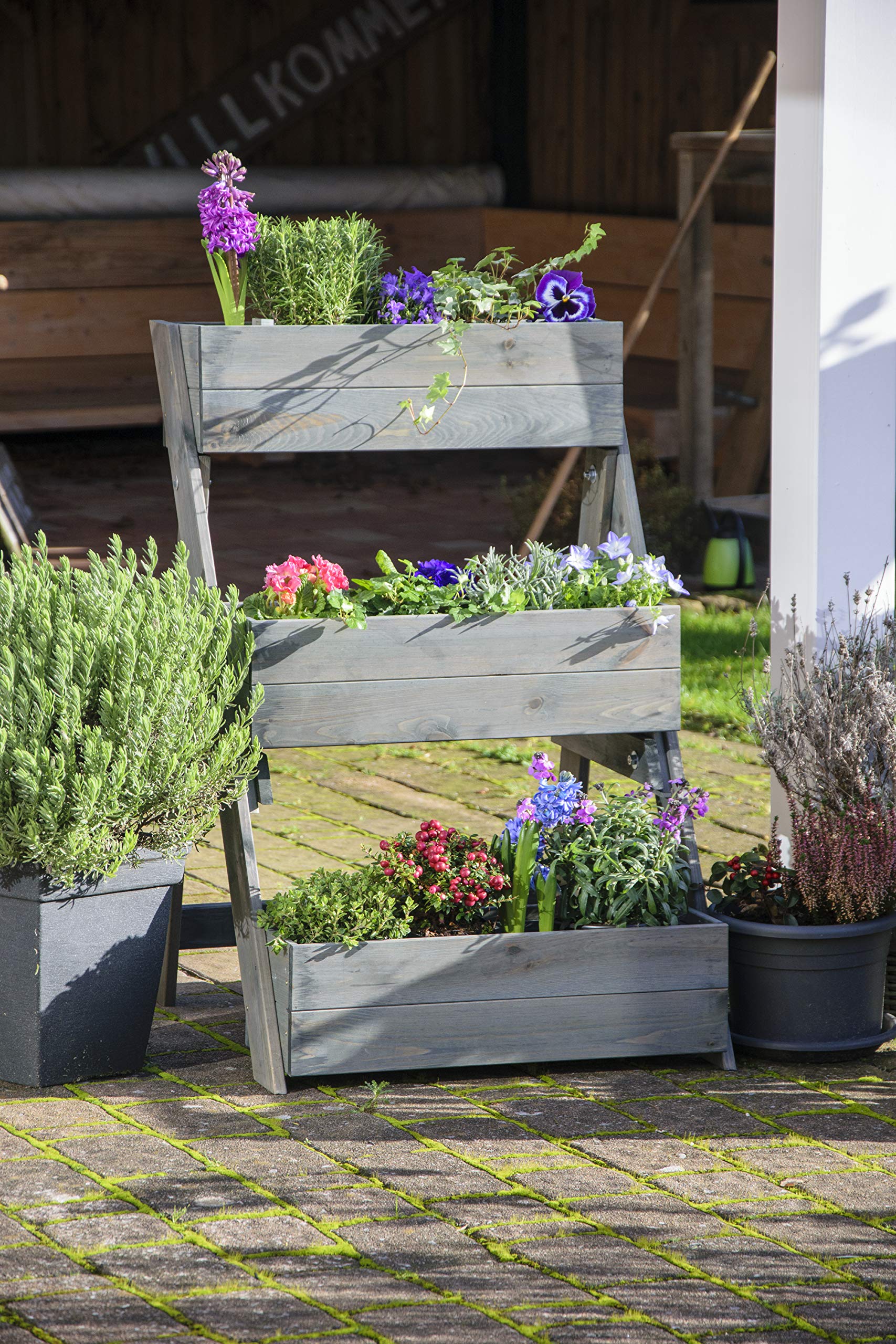 dobar® Dreistufige Pflanztreppe Outdoor aus Massiv-Holz für Balkon und Garten - Blumenbeet mit 3 Pflanzkästen wetterfest lasiert für draußen - 60 x 70 x 90 cm - Anthrazit