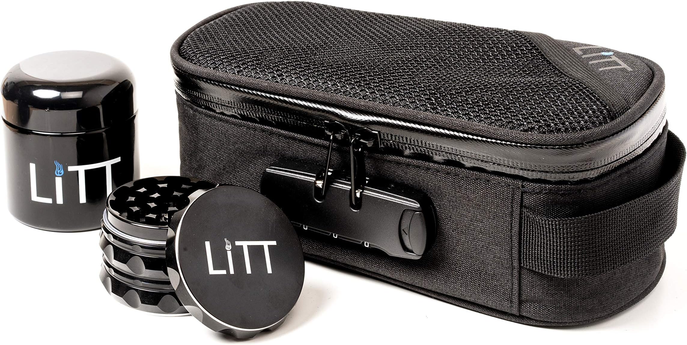 LITT - Smell Proof Stash Zip Lock Bags, Storage Metal Tub Jar 100 ml & Sharp Grinding Teeth Metal Herb Grinder - Odour/Smell Proof Container, Glass Storage Jar, Refillable, Travel Essentials