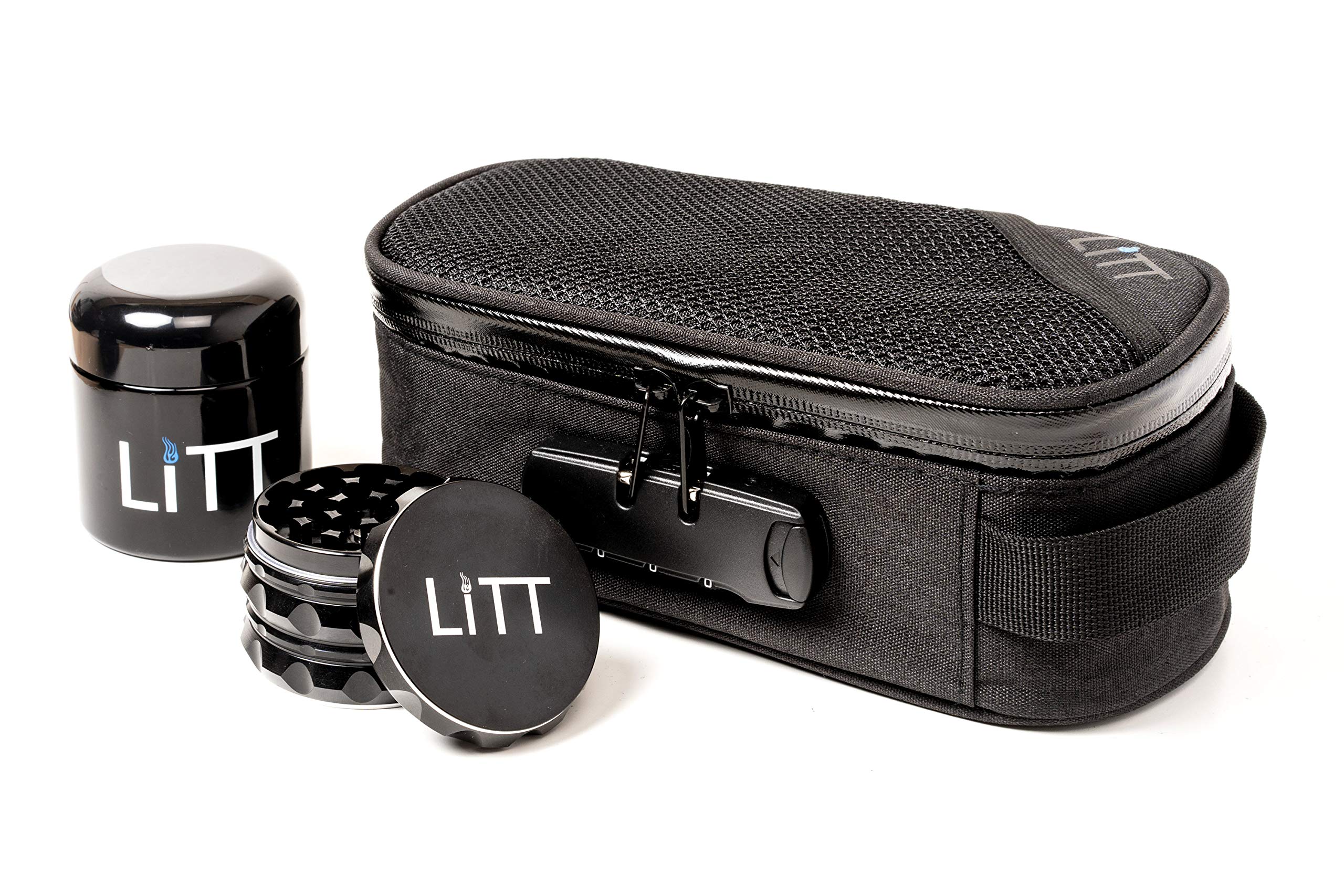 LITT - Smell Proof Stash Zip Lock Bags, Storage Metal Tub Jar 100 ml & Sharp Grinding Teeth Metal Herb Grinder - Odour/Smell Proof Container, Glass Storage Jar, Refillable, Travel Essentials