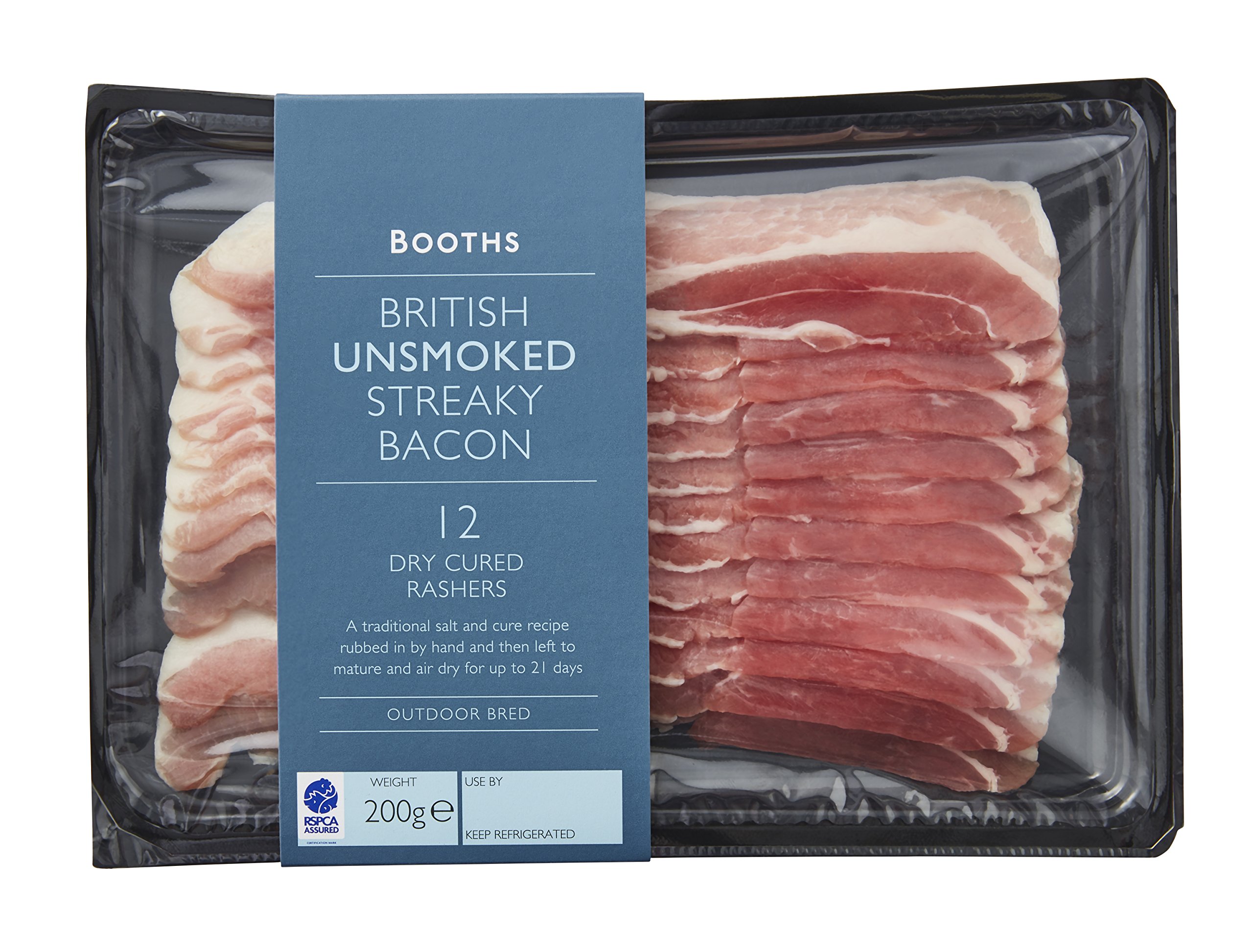 Booths British Unsmoked Streaky Bacon - 12 Dry Cured Rashers, 200g