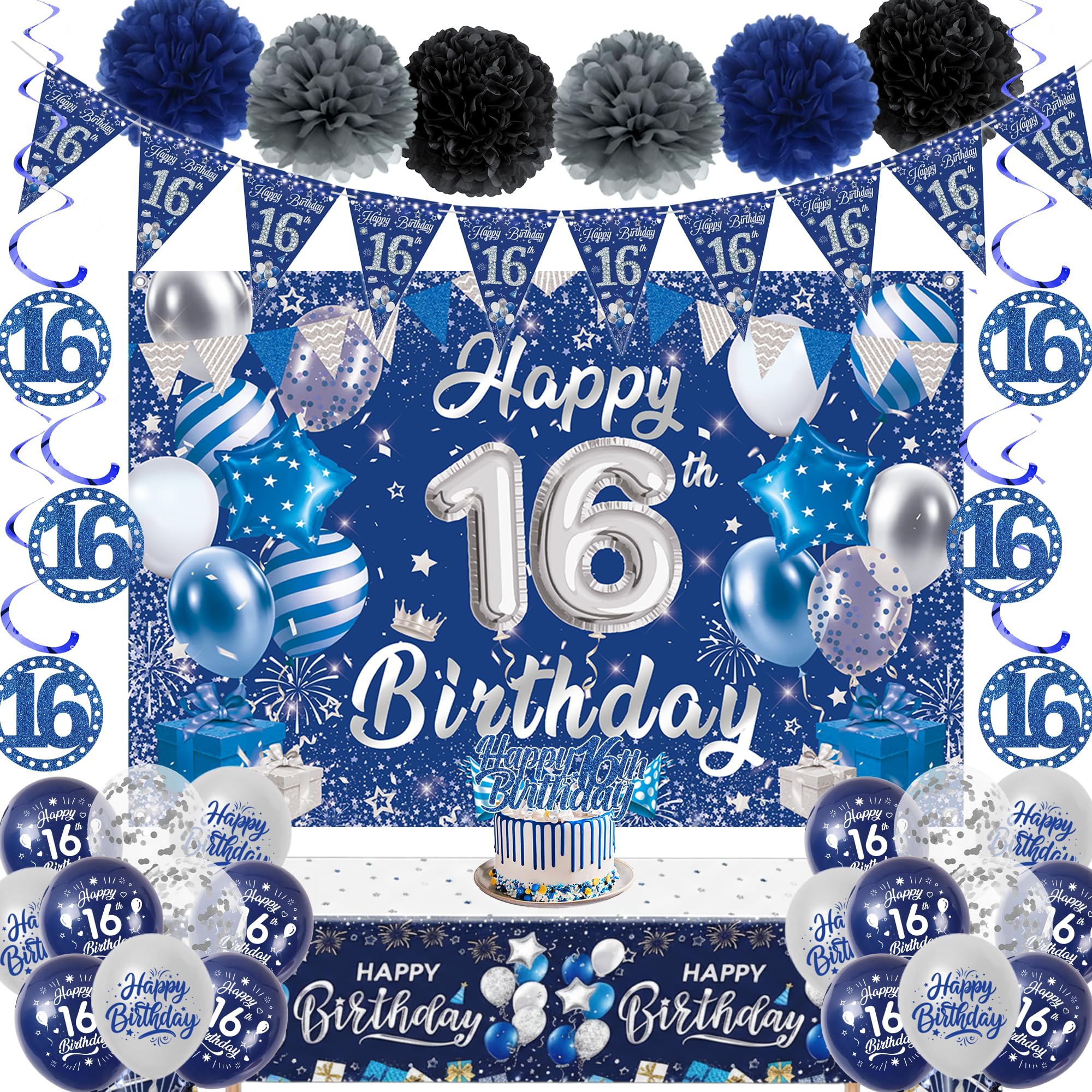 16th Birthday Decorations for Boys Girls - Blue Silver Boy 16 Bday Party Happy 16th Birthday Bunting Banners Backdrop Balloons, Tablecloth Hanging Swirls Cake Topper Paper Pompoms 16 Year Old Decor