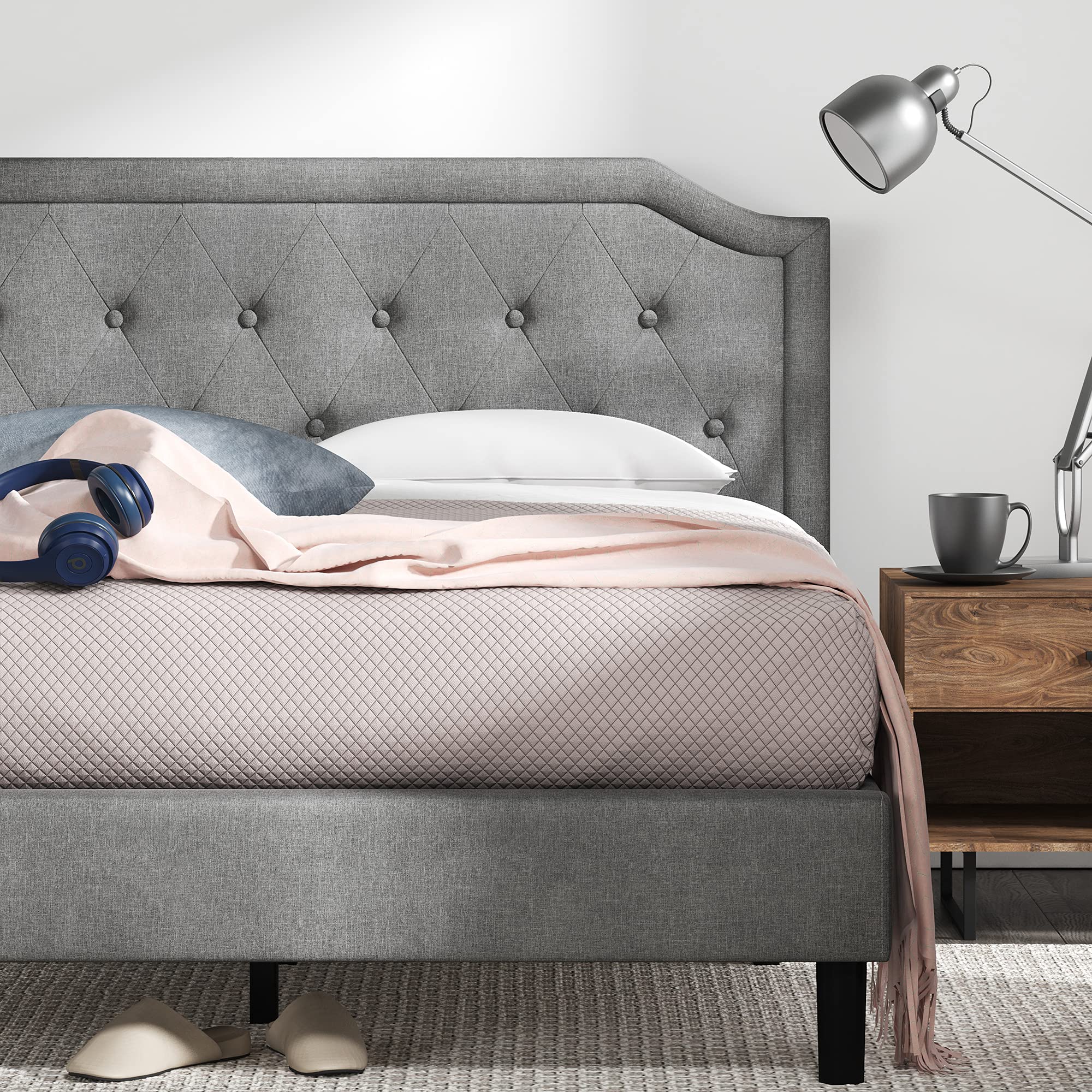 Zinus Upholstered Scalloped Button Tufted Platform Bed with Wooden Slat Support / Design Award Finalist, King image_1