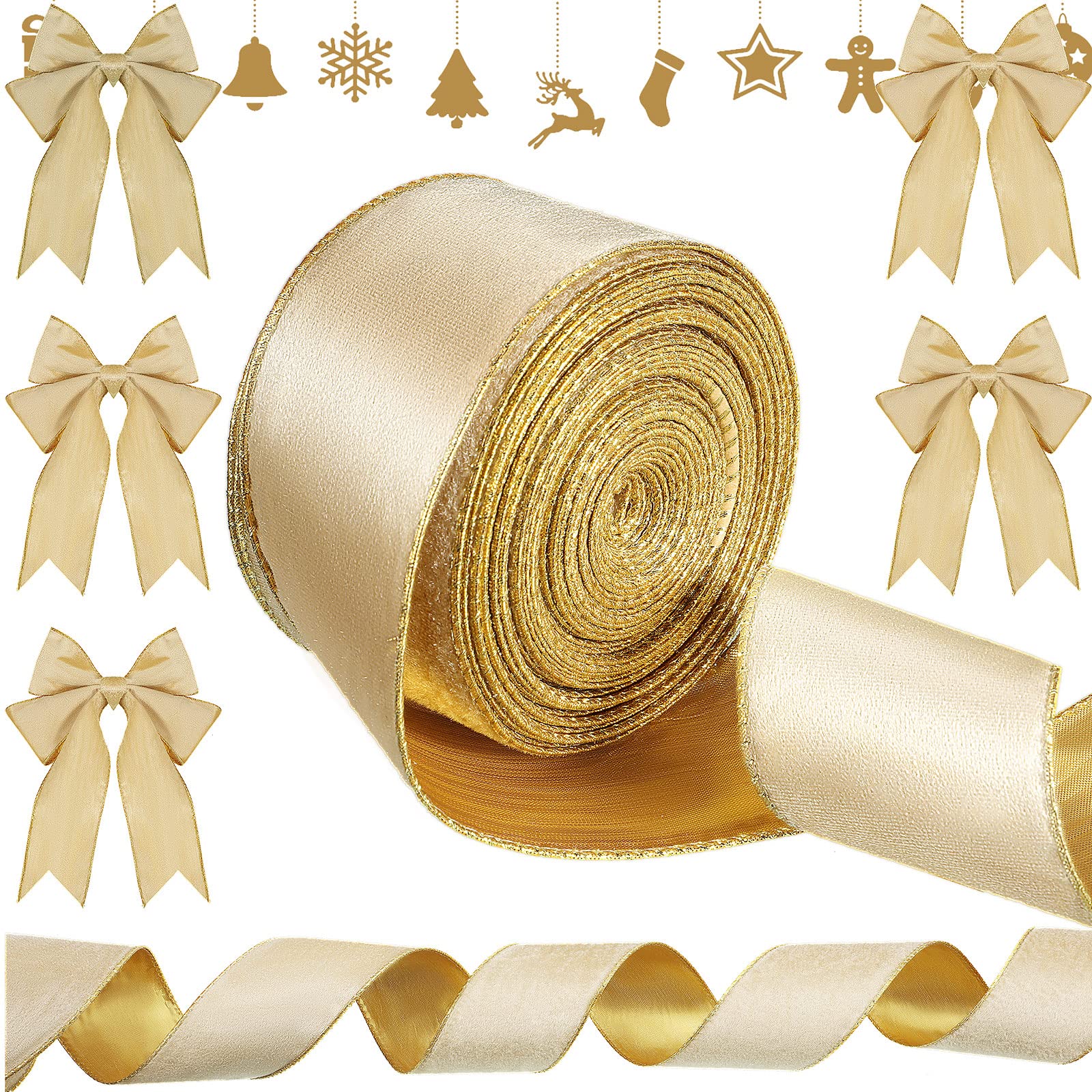 Syhood Weihnachts-Samtband mit Draht, mit Goldrand, wasserdicht, für Weihnachtskranz, Schleifen, Blumenhandwerk, Ornamente (10,2 cm x 60 m, Gold)