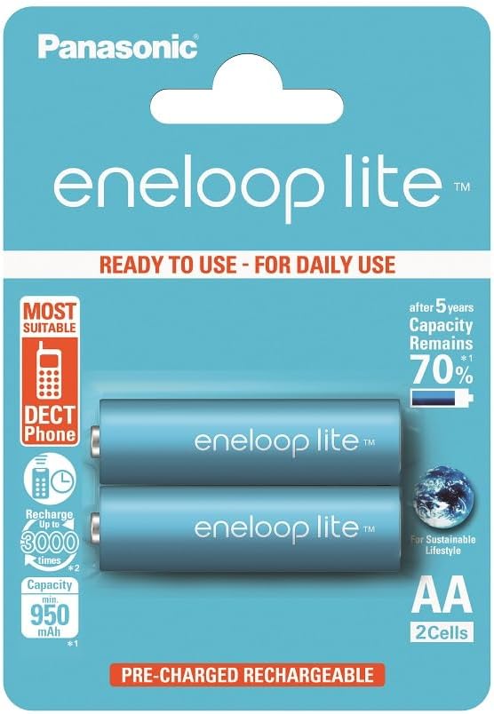 eneloop Lite, AA/Mignon, Rechargeable Battery, Pack of 2, Capacity of 950 mAh, Ready-to-Use Ni-MH Batteries, 3000 Recharge Cycles, Plastic Free Packaging, Lite, Blue, Ideal for Dect Phones
