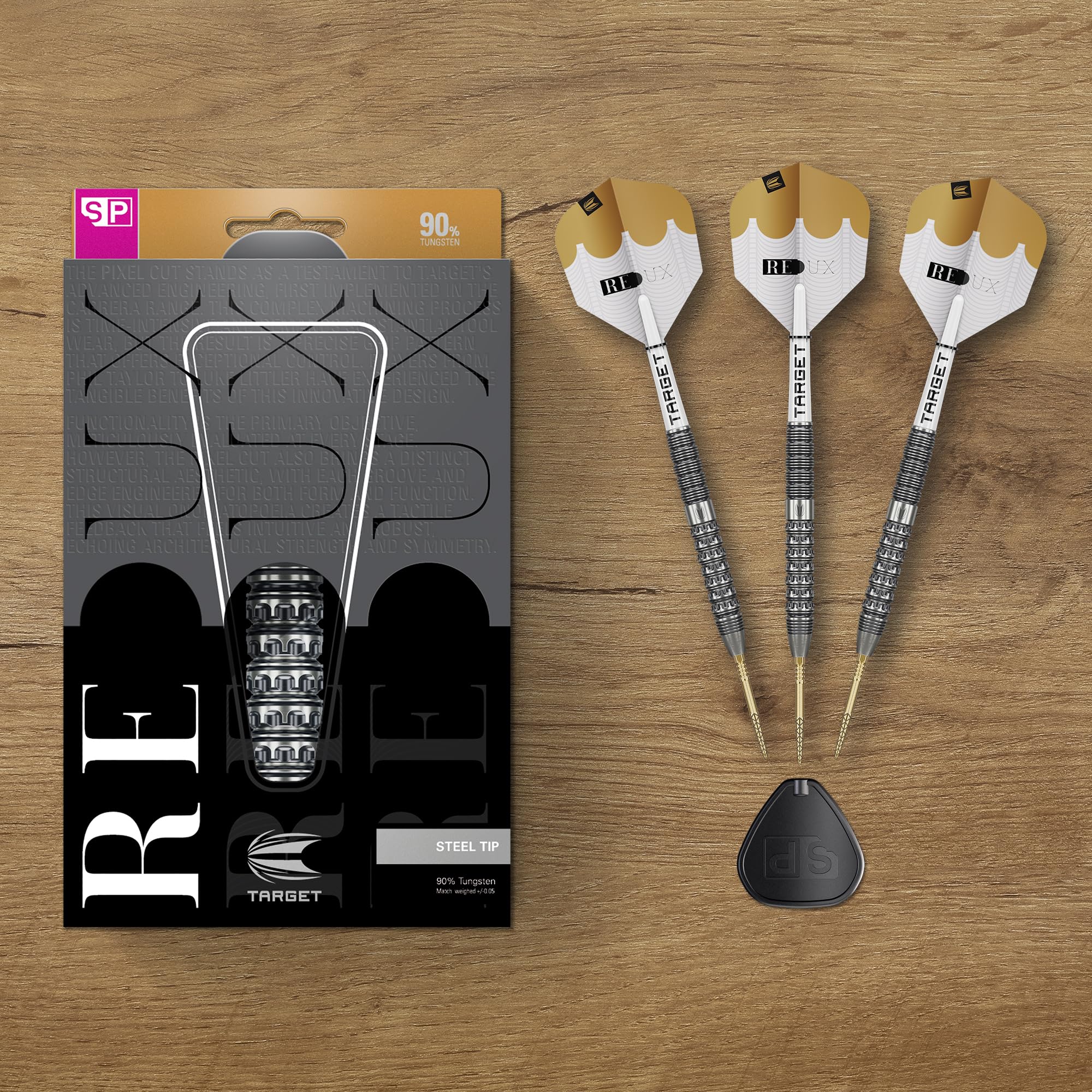 Target Darts Redux 90% Tungsten Swiss Point Steel Tip Dart Set (Barrel 01/02/03), 22G/23G/24G/25G/26G | Pro Ultra Nr. 6 Flights & Pro Grip Tag Shafts, DX Points Gold & SP-Werkzeug inklusive