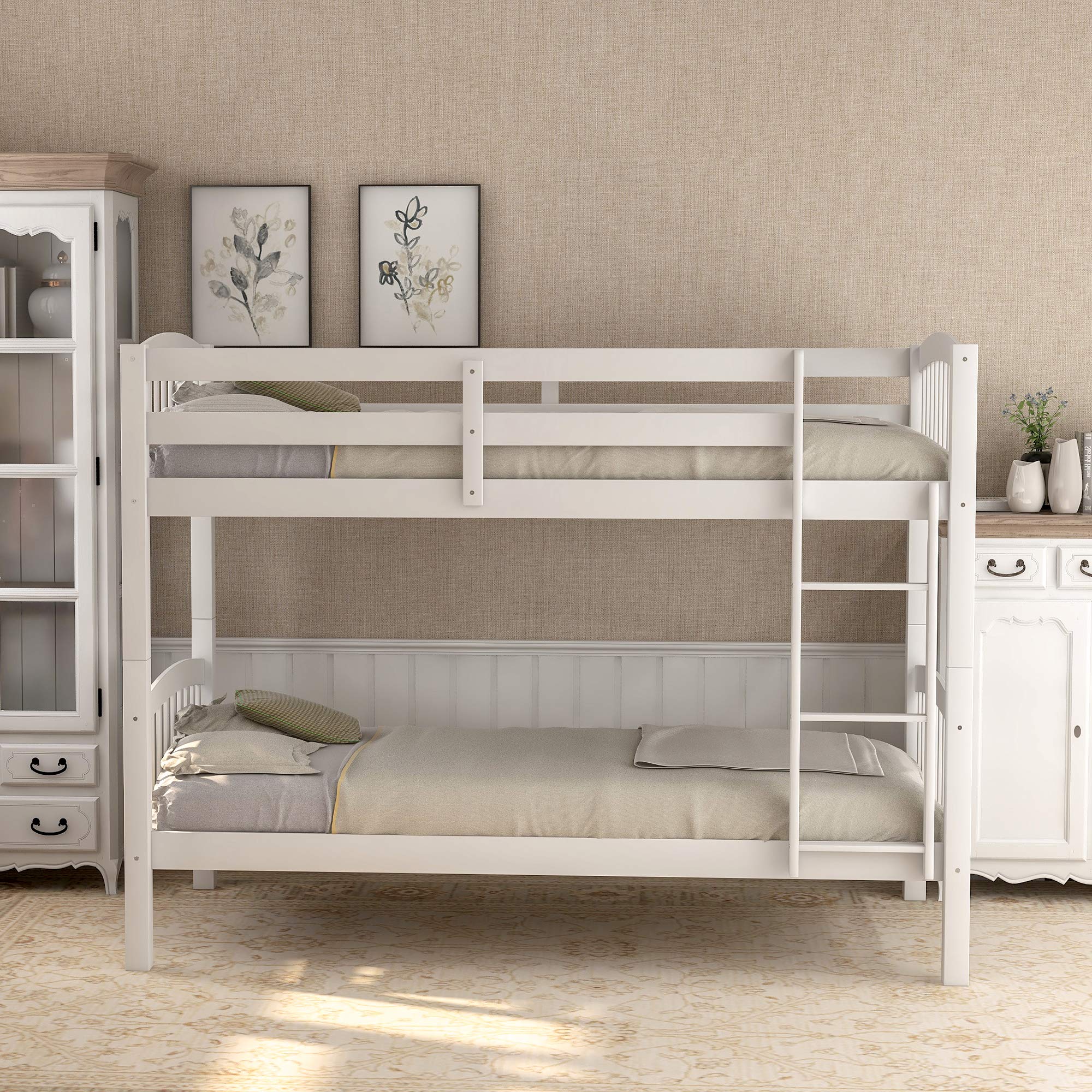 P PURLOVE Twin Over Twin Bunk Bed,Convertible Bunk Bed Can Be Divided Into Two Daybeds,Wood Bunk Beds with Ladder and Guardrails for Kids, Teens,White