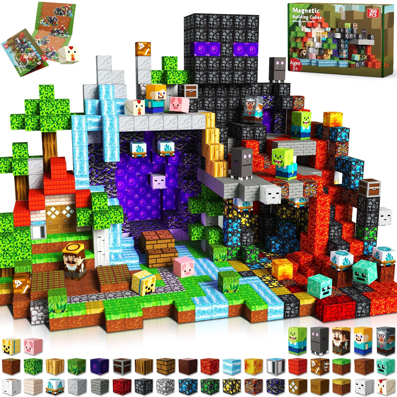 Bloques Magnéticos para Niños 300 Piezas, Juego de Construcción Magnético 2 en 1 con Figuras y Accesorios, Kit Educativo Stem para Niños y Niñas de 3+ Años, Regalo