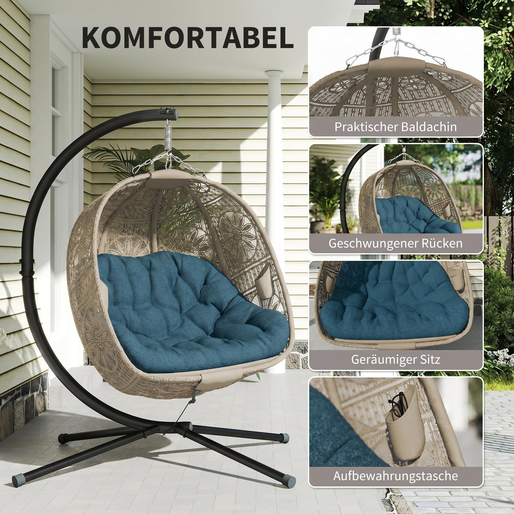 Outsunny Hängesessel mit Gestell, Eiförmiger Hängeschaukel mit abnehmbarem waschbarem Kissen, Hängematte für 2 Personen, Schaukelsessel Indoor Outdoor, Sand+Schwarz