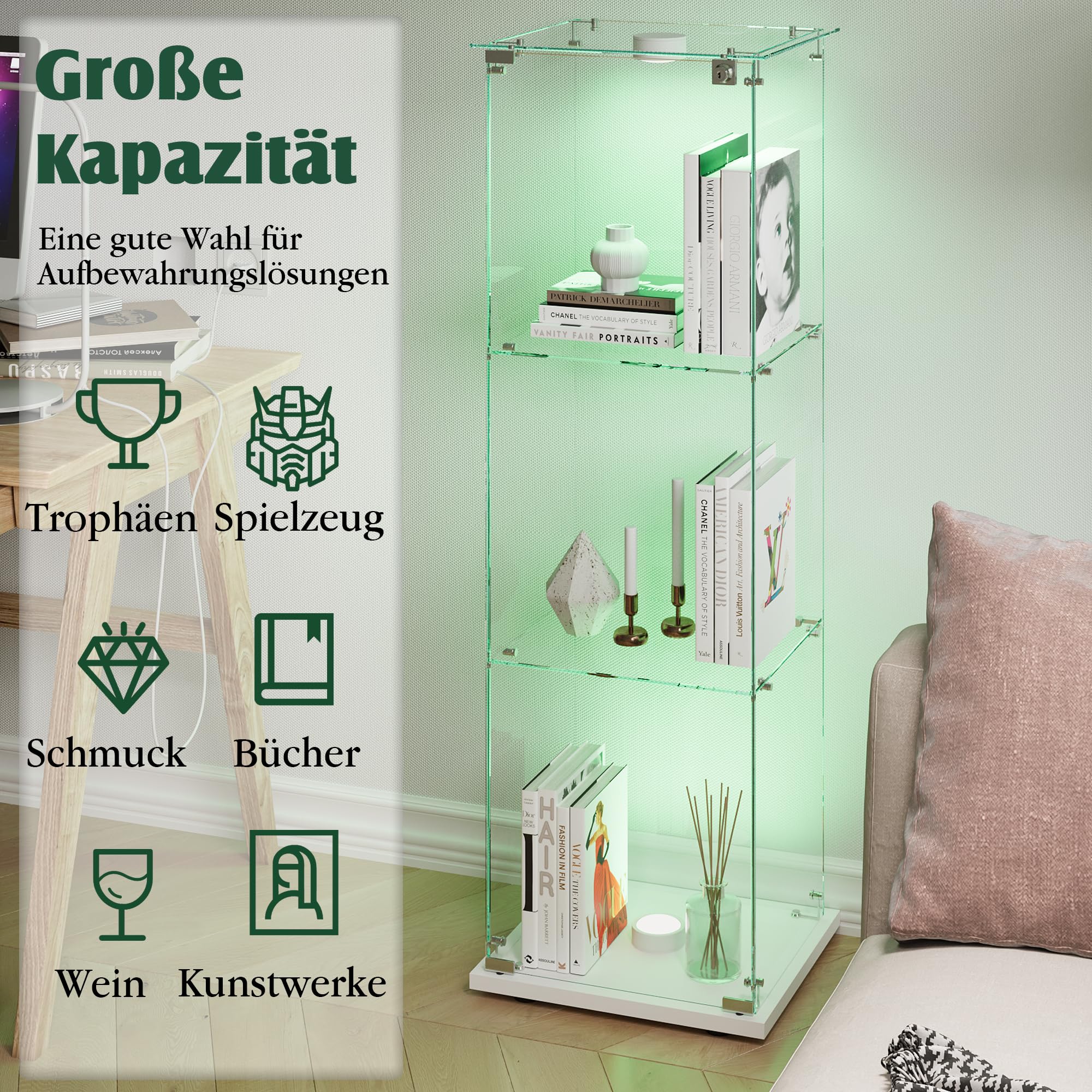 Glasvitrine Standvitrine mit LED, Glasvitrine Stehend mit 3 Lagen Glas, Vitrinenschrank 1 TüR & Schloss Vitrine Glasschrank für Wohnzimmer Büro Sammlerstücke