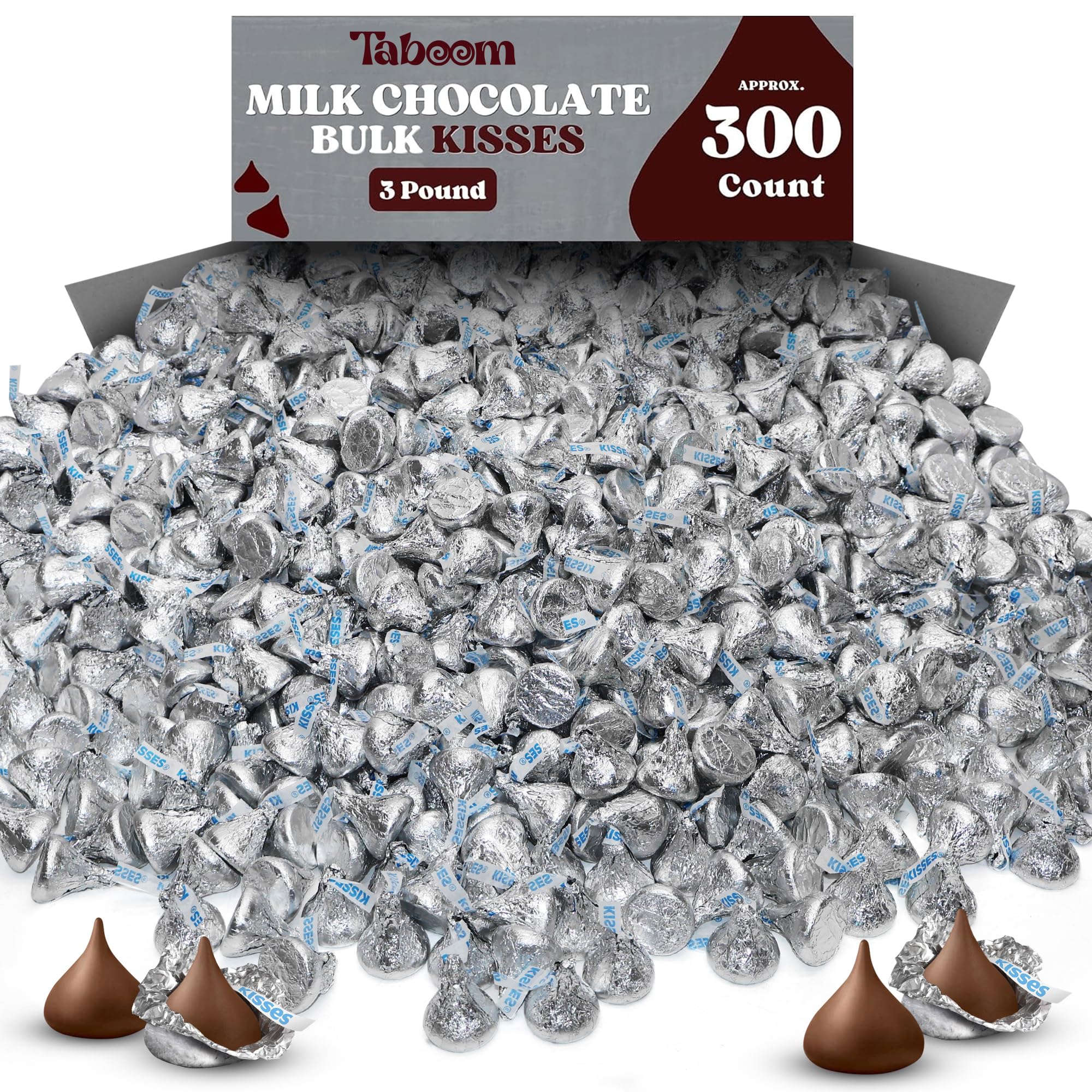 Taboom Hershey Bulk Milk Chocolate Classic Silver Kisses - 3lb Bag Approx 300 Pieces Individually Wrapped Sliver Foiled Chocolate Candy For Party Favor Treats, Gifts & Special Occasions