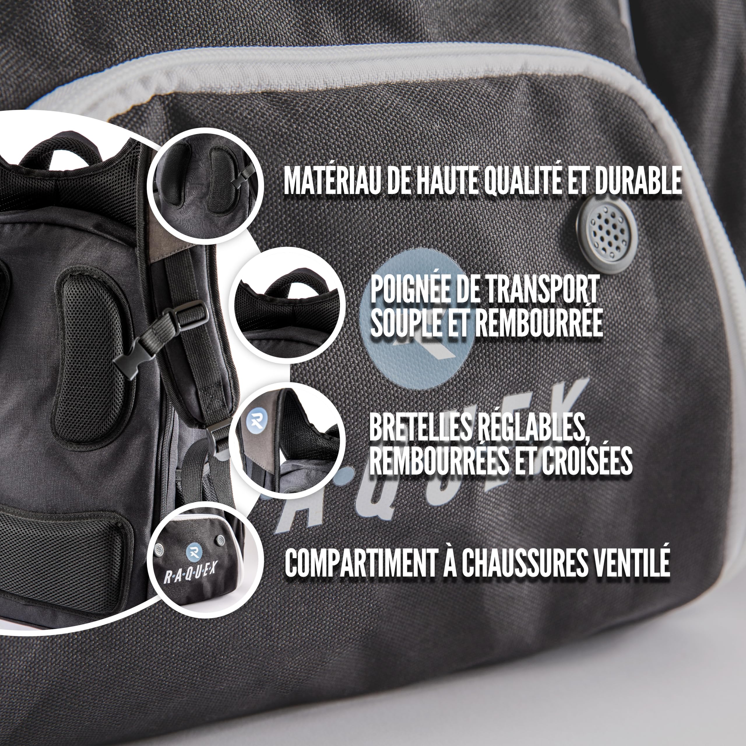 Raquex Sac à Dos de Sport pour Raquette de Tennis ou 2 Raquettes de Squash ou Badminton Sac à Dos pour Raquettes + Chaussures + Ordinateur Portable + Gourde