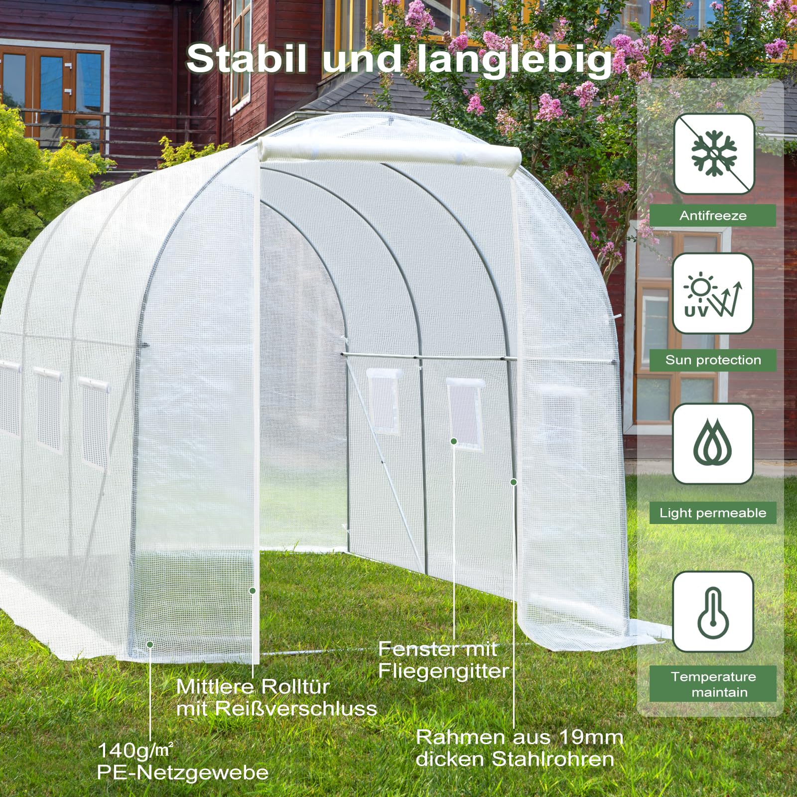 WOLTU Invernadero para Jardin, Invernaderos de Huerto, con 1 Puerta y 6 Ventanas, 200x300x200 cm, Tubos de Acero Resistentes, Cubierta de PE 140g/㎡, Blanco