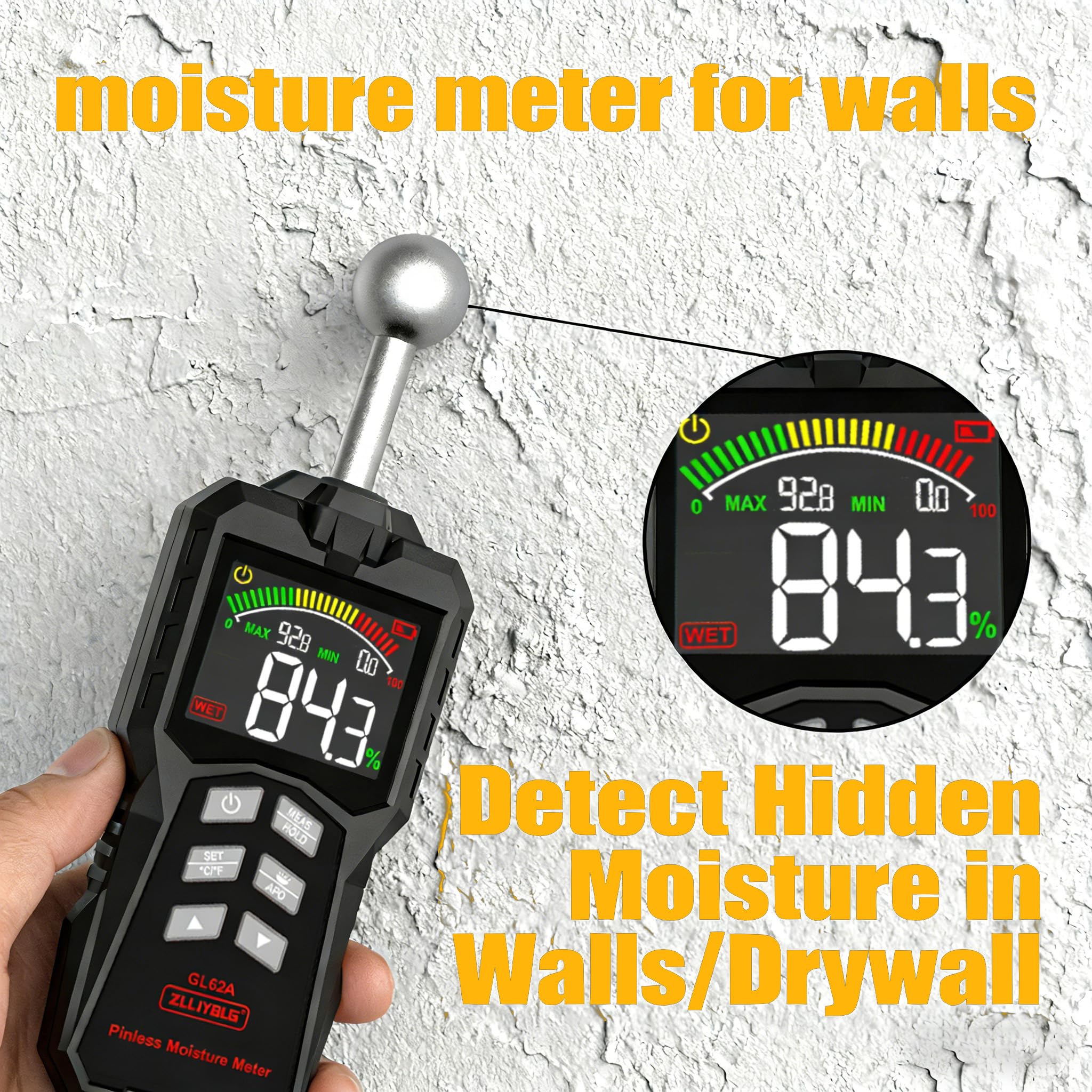 Pinless Moisture Meter - Detect Wood, Walls & Leaks -7