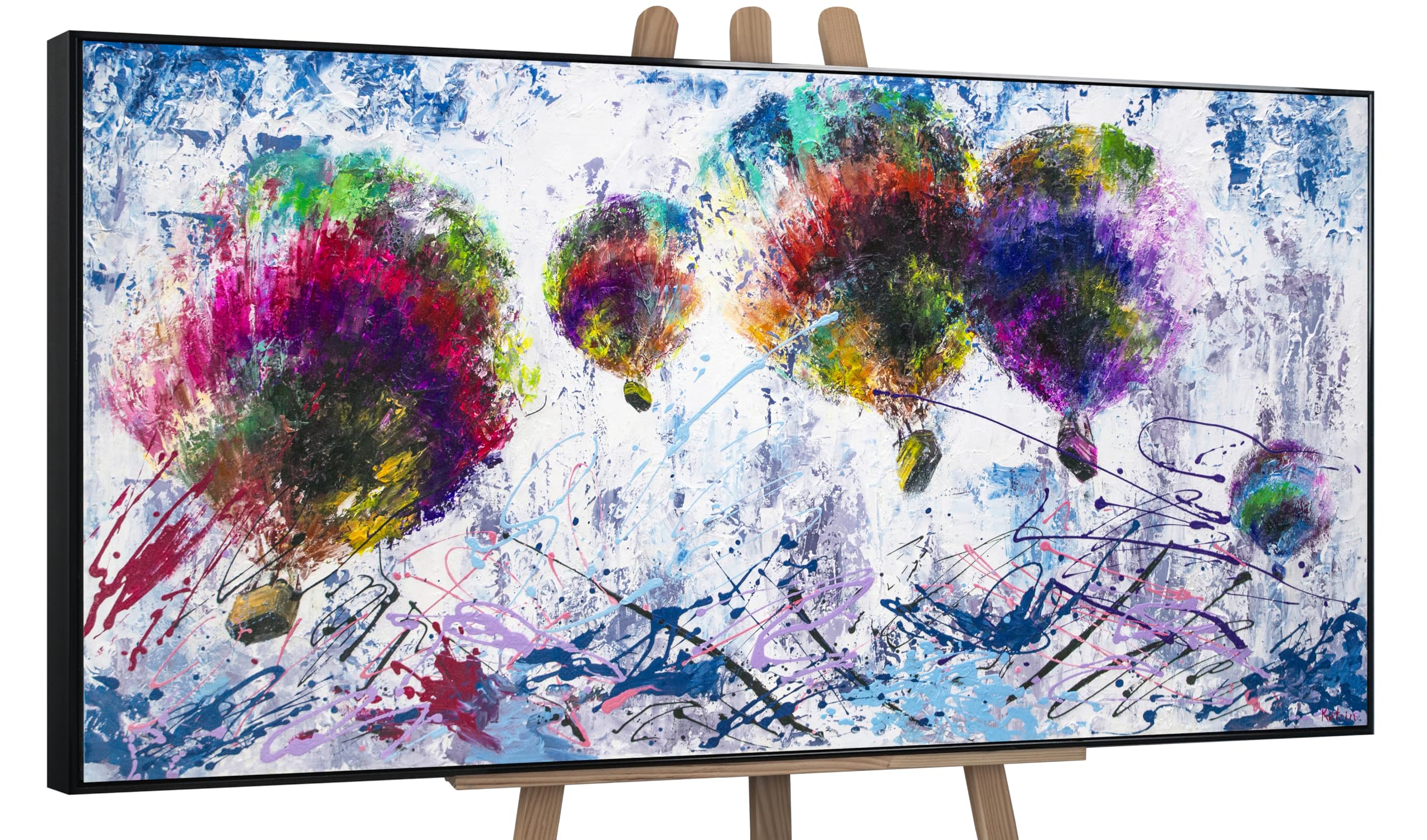 YS-Art Original Handmade Painting – Colorful Hot Air Balloons Abstract, Splash Style Artwork on Canvas, Framed Bright Decor for Living Room Nursery 63x32 inch