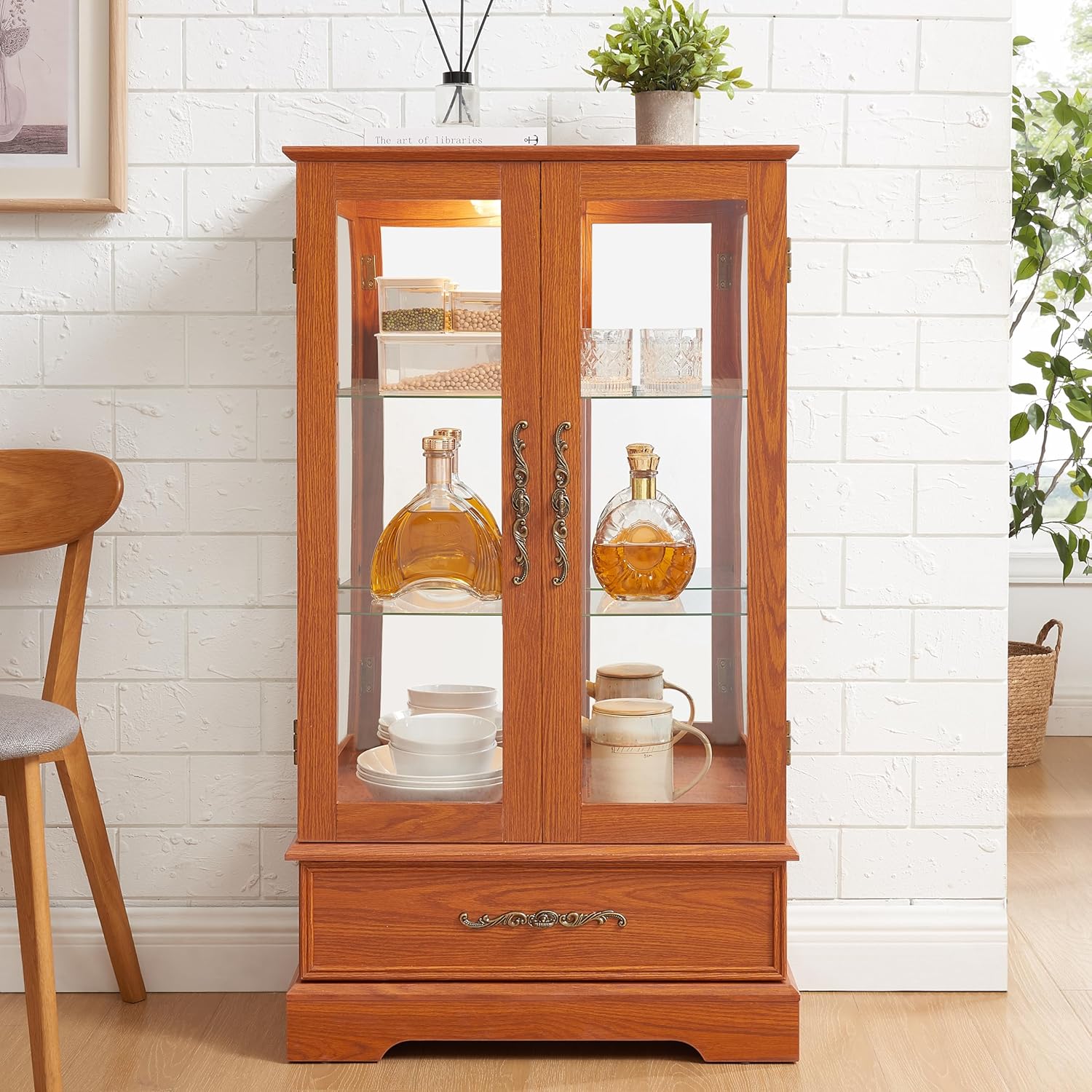 Oak Wood Display Cabinet with Glass Doors, Traditional Style, Lighted Curio Storage Unit, 25.9x11.8x43.7 Inch