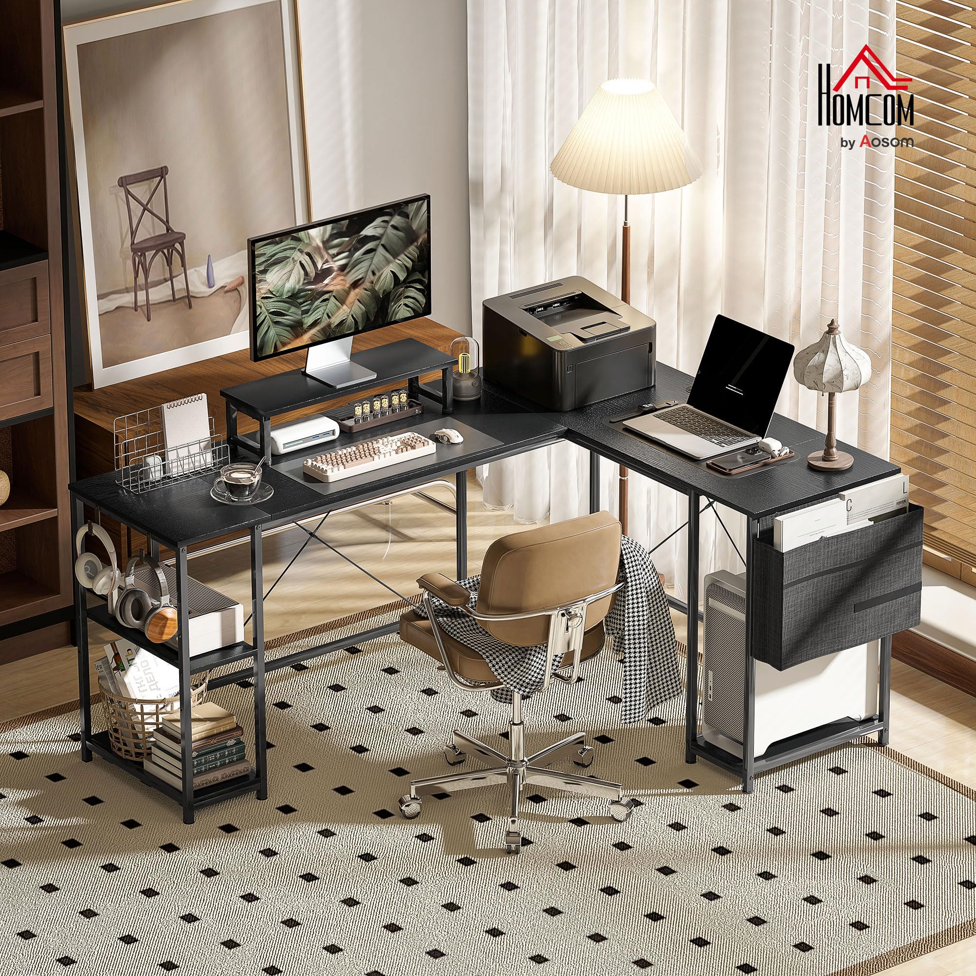 HOMCOM Escritorio en L Reversible 168cm, Estante Ajustable 240cm, Negro