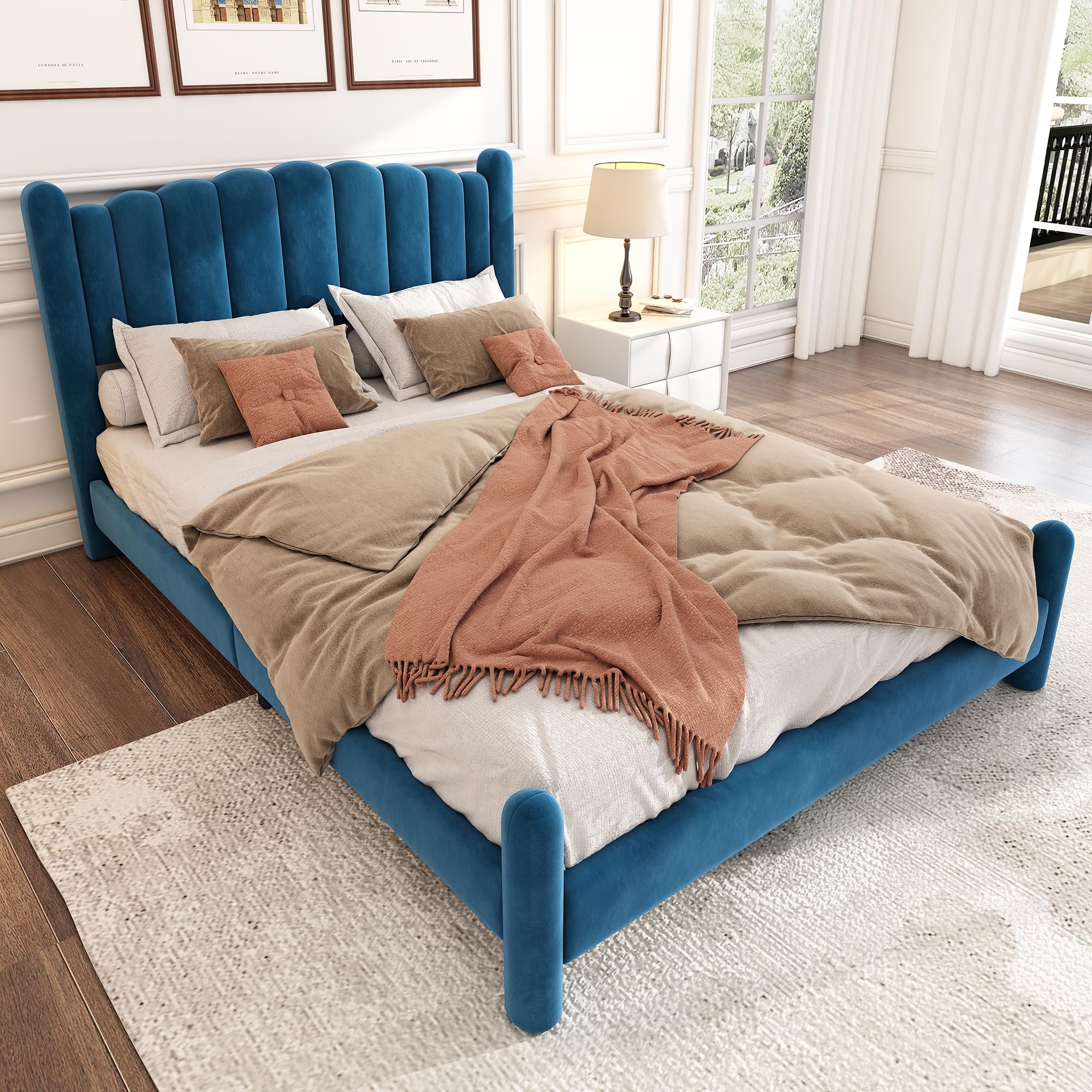 Letto imbottito 140 x 200 cm, con rete a doghe e testiera, elegante testiera a ventaglio, gambe di supporto cilindrice, blu