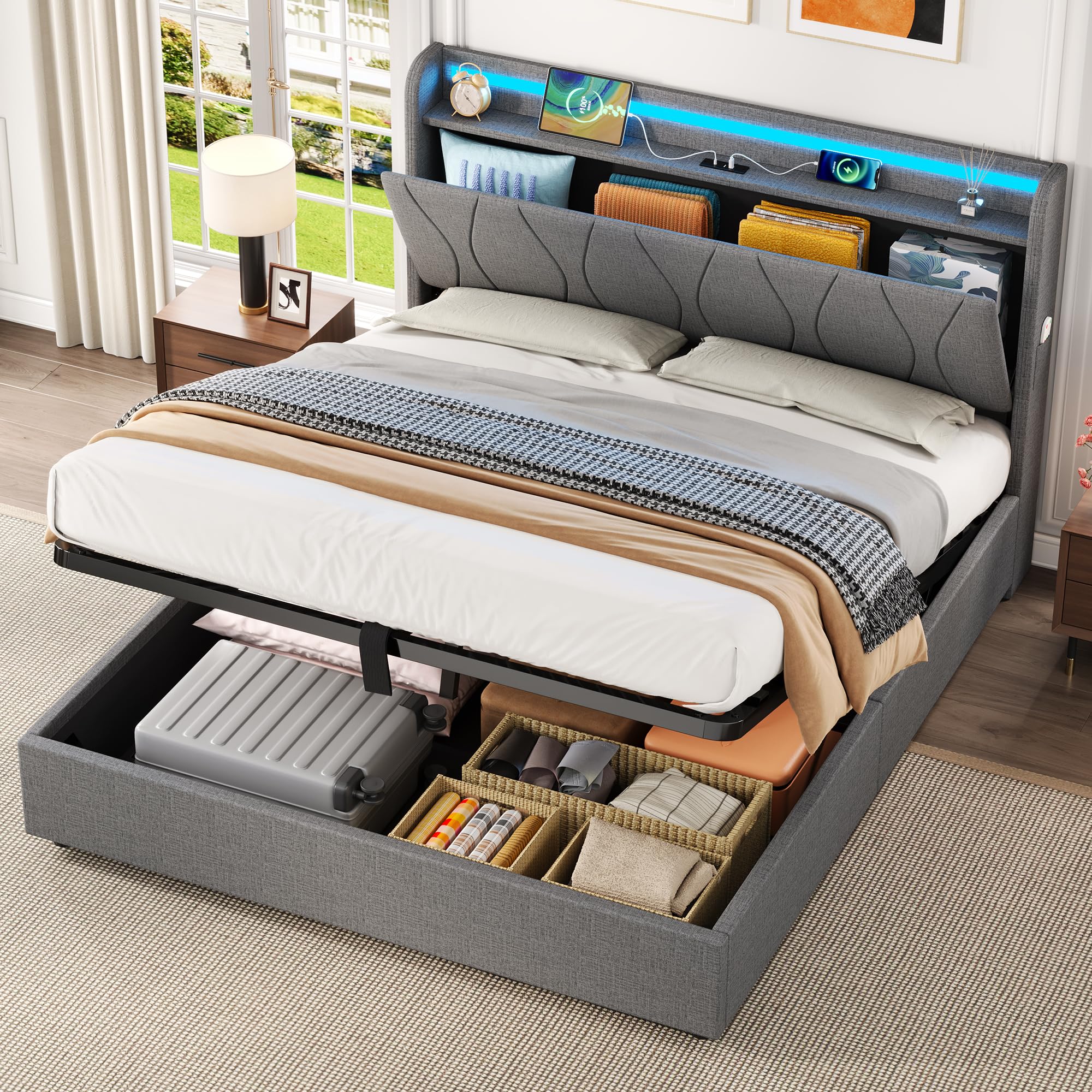 BTM Double Bed Frame with LED Headboard with Charging Station, Concealed Headboard Storage, USB and Type-C Ports, Linen Double Bed with Storage, 4ft6-135x190cm, Beige(No Mattress)