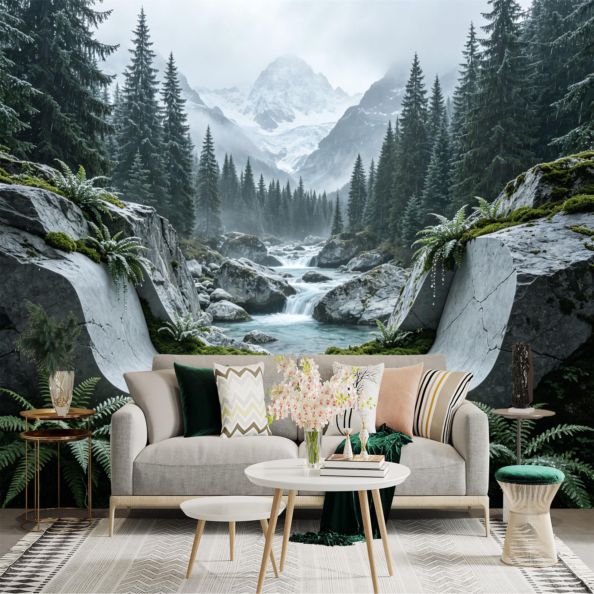 Custom Size Wall Sticker Mural， Misty Mountain River with Pine Forest and Mossy Rocks， for wall Decoration， peelandstick wall Decals.