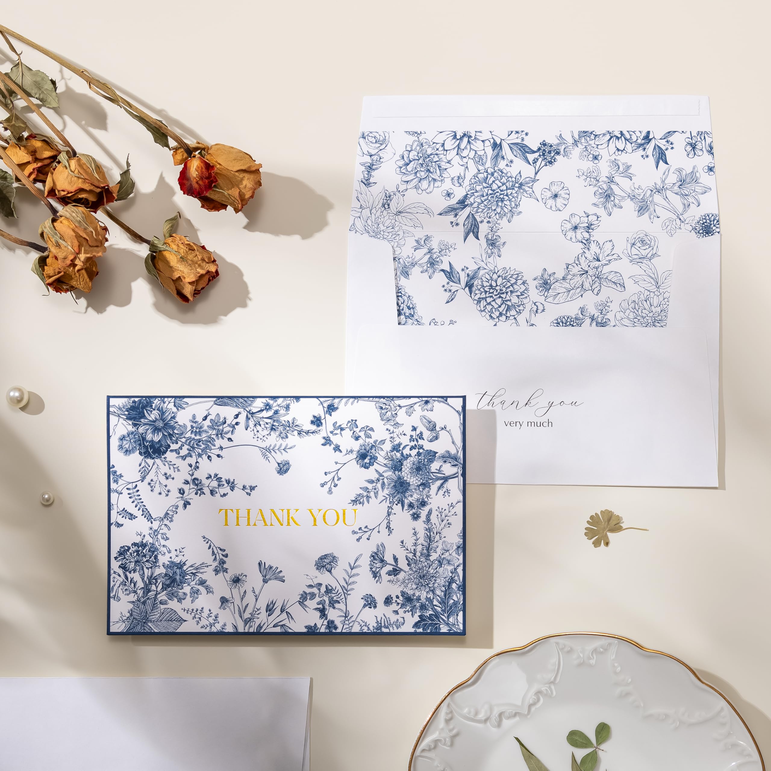Crisky Lot de 50 cartes de remerciement à motif floral bleu marine avec enveloppes, feuille d'or pour anniversaire, fête prénatale, fête prénuptiale, mariage, remise de diplôme