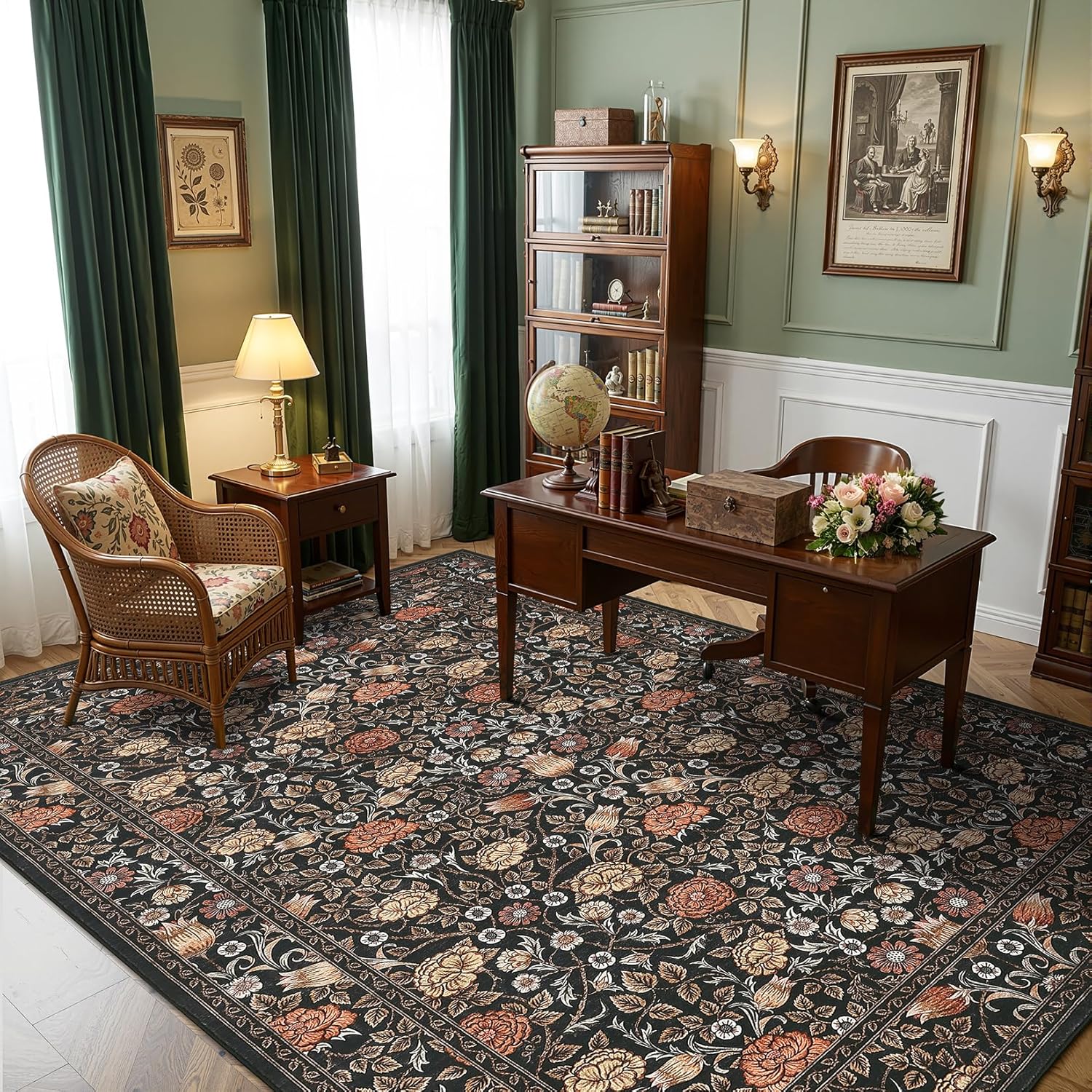 GarveeHome Brown Vintage Floral Washable Rugs 5x7 for Living Room Black Boho Botanical Retro Rug Low Pile Stain Resistance Non Slip Carpet for Bedroom Nursery Dining Room - Image 2